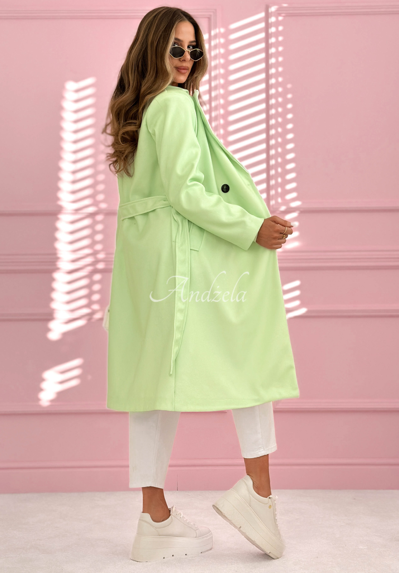 Dlouhý dvouřadý kabát s límcem We Both Know pistáciový