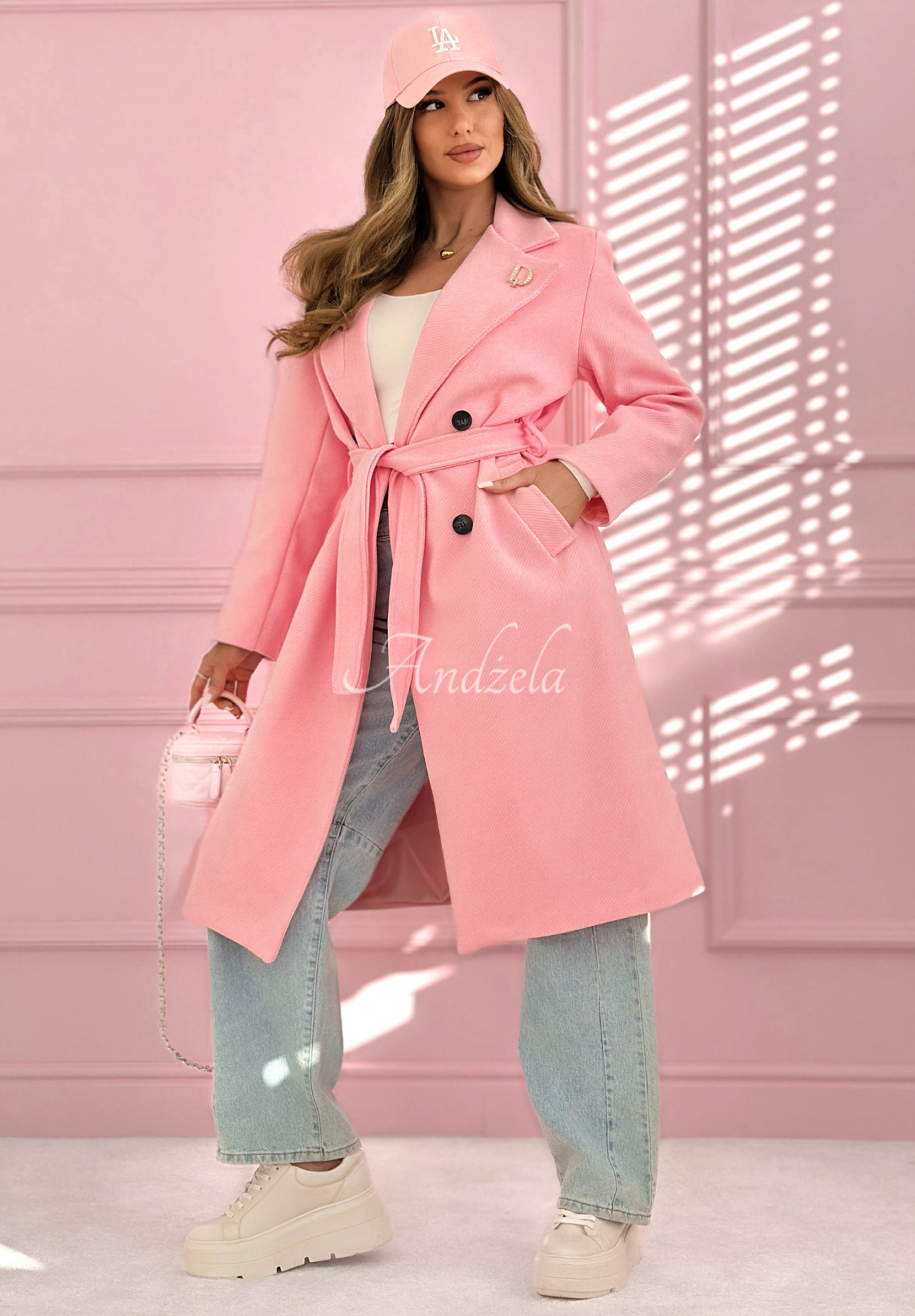 Dlouhý dvouřadý kabát s límcem ve vzoru rybí kosti We Both Know růžový