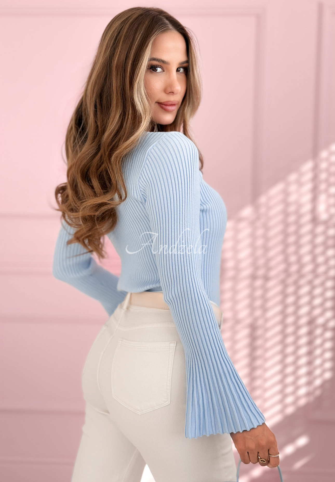 Viskózový žebrovaný svetr se širokými rukávy Sunny Primrose blankytný