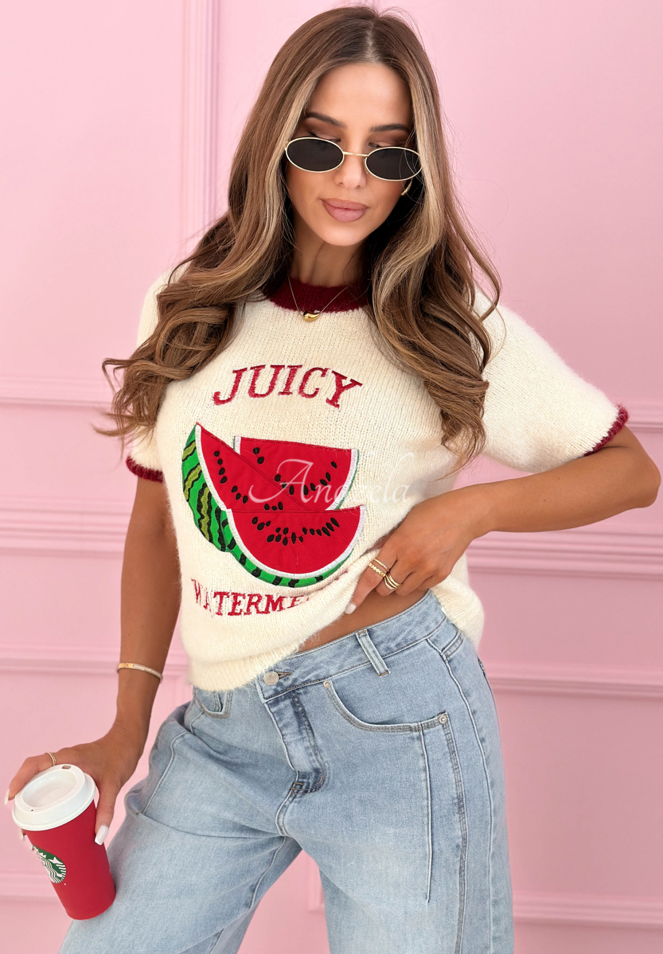 Svetr s nášivkou s krátkým rukávem Juicy Watermelon ecru