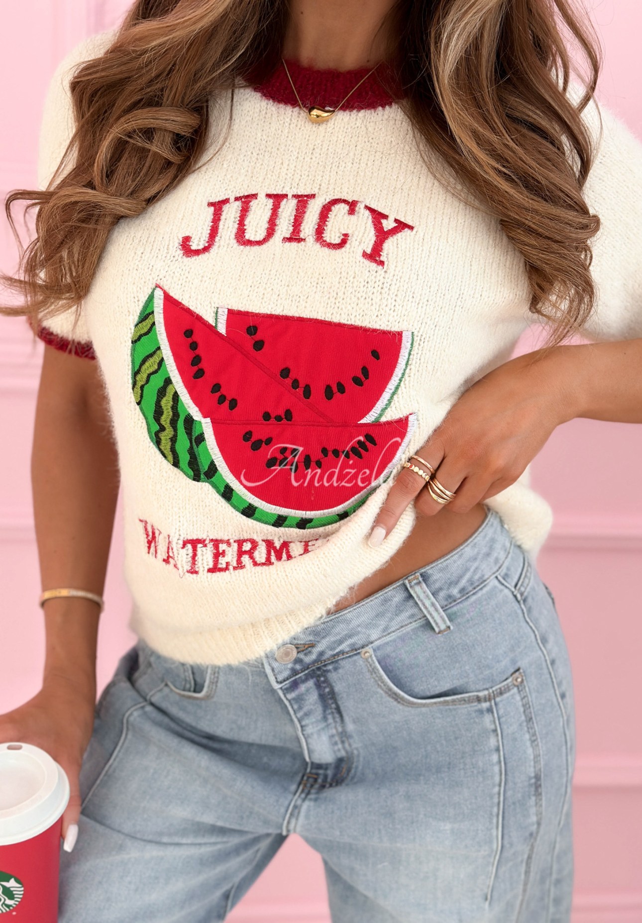 Svetr s nášivkou s krátkým rukávem Juicy Watermelon ecru