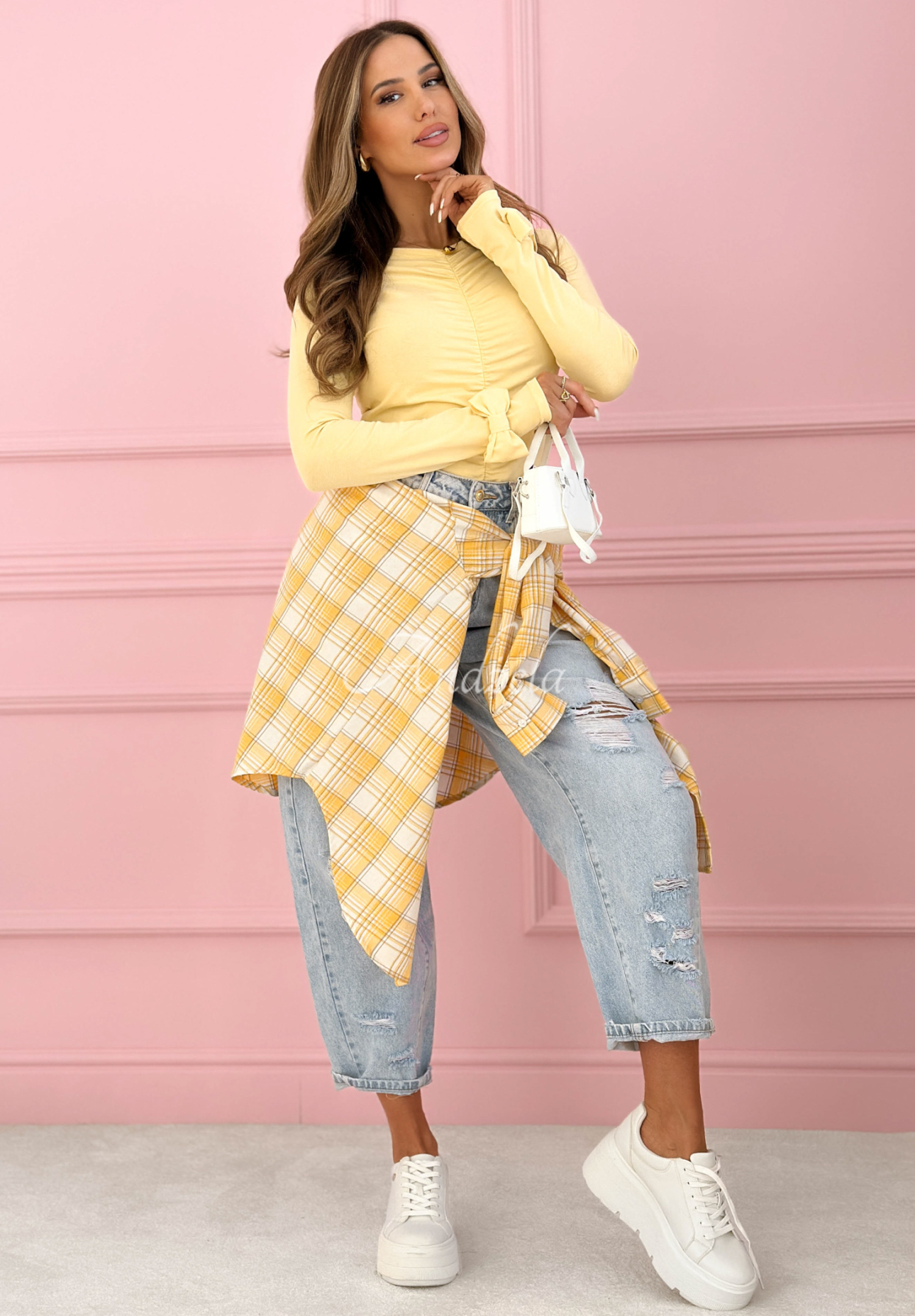 Bavlněná halenka s dlouhým rukávem s řasením a mašličkami Cutie Bows žlutá