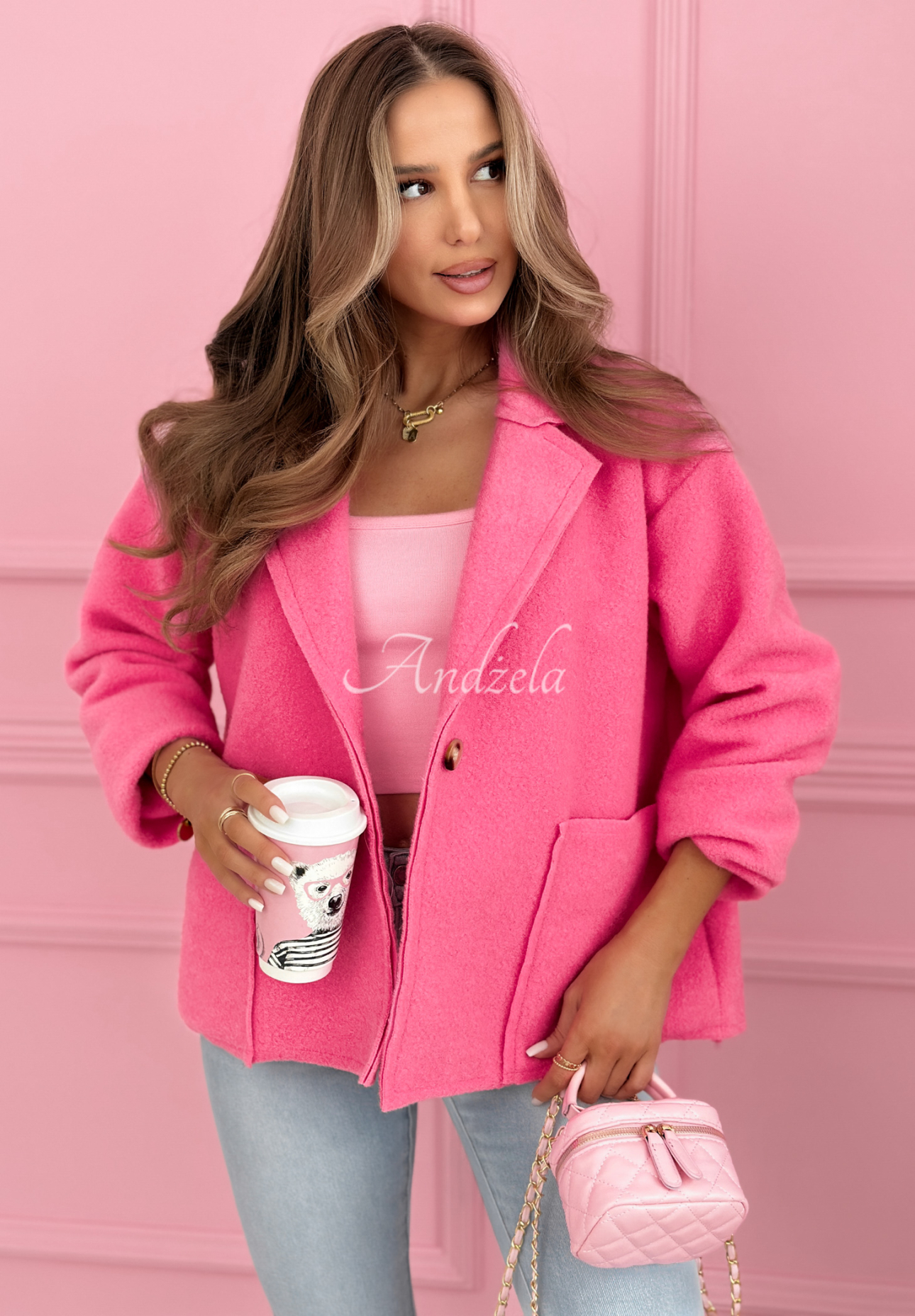 Viskózový krátký kabát s kapsami Yumi fuchsiový