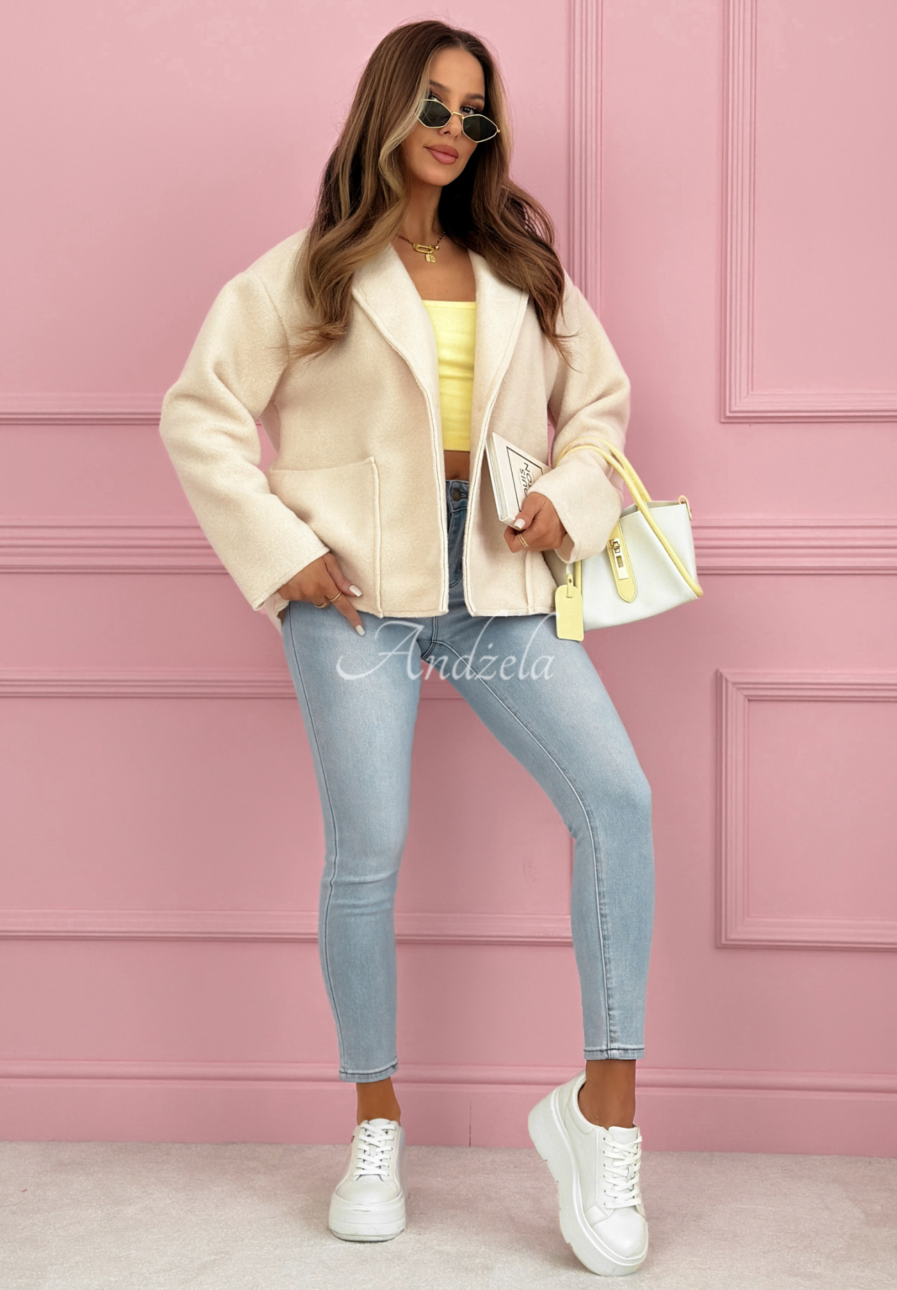 Viskózový krátký kabát s kapsami Yumi béžový