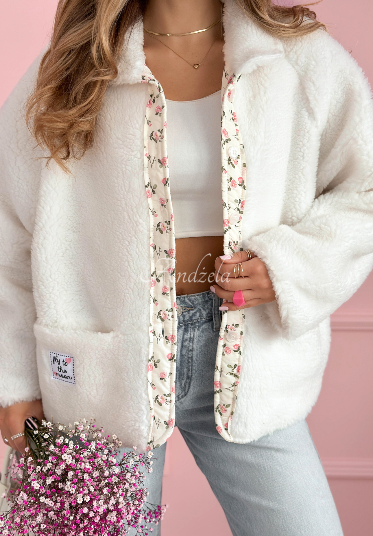 Krátká kožíšková bunda s květovanou podšívkou a vlnou Lilianna ecru