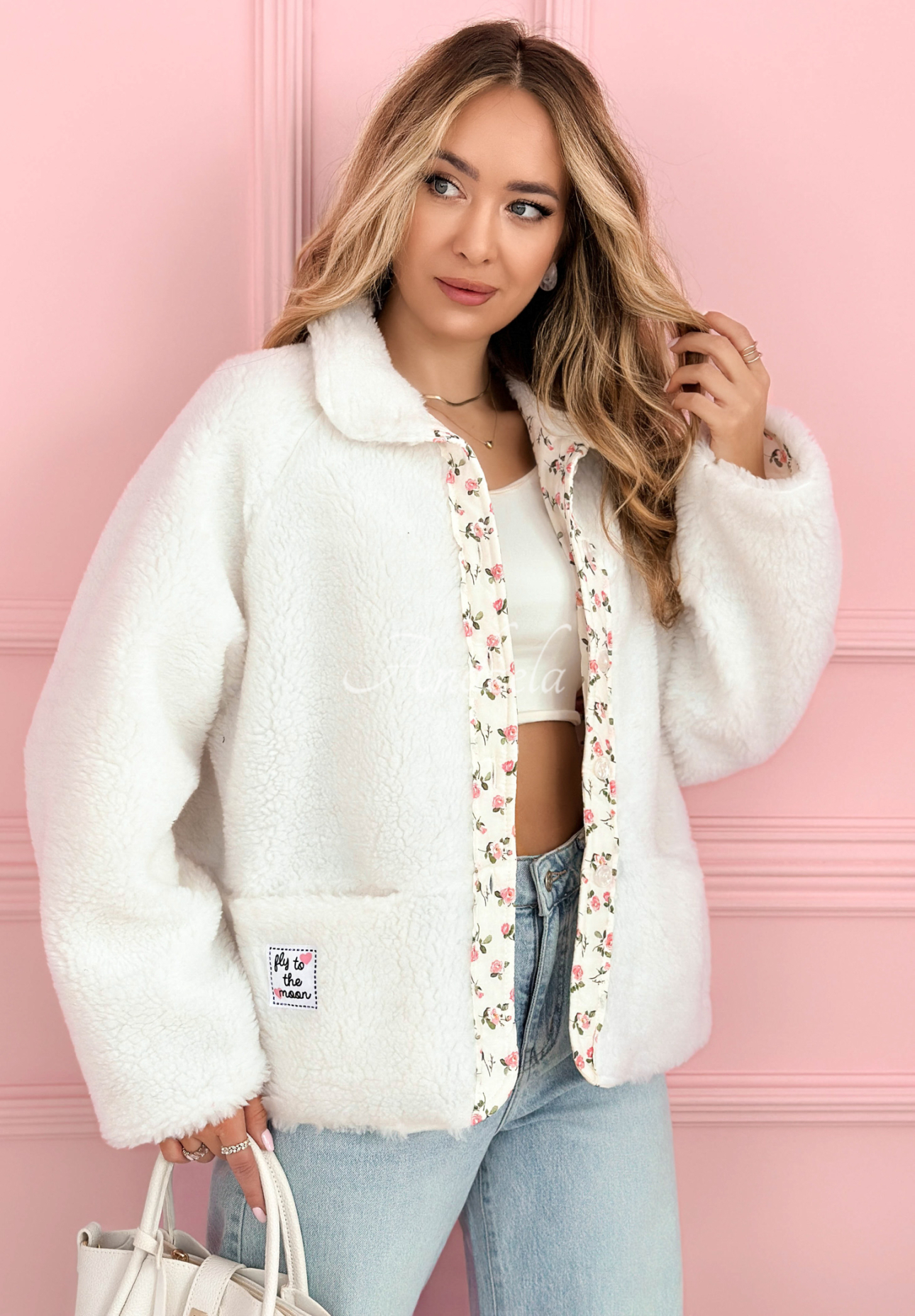 Krátká kožíšková bunda s květovanou podšívkou a vlnou Lilianna ecru