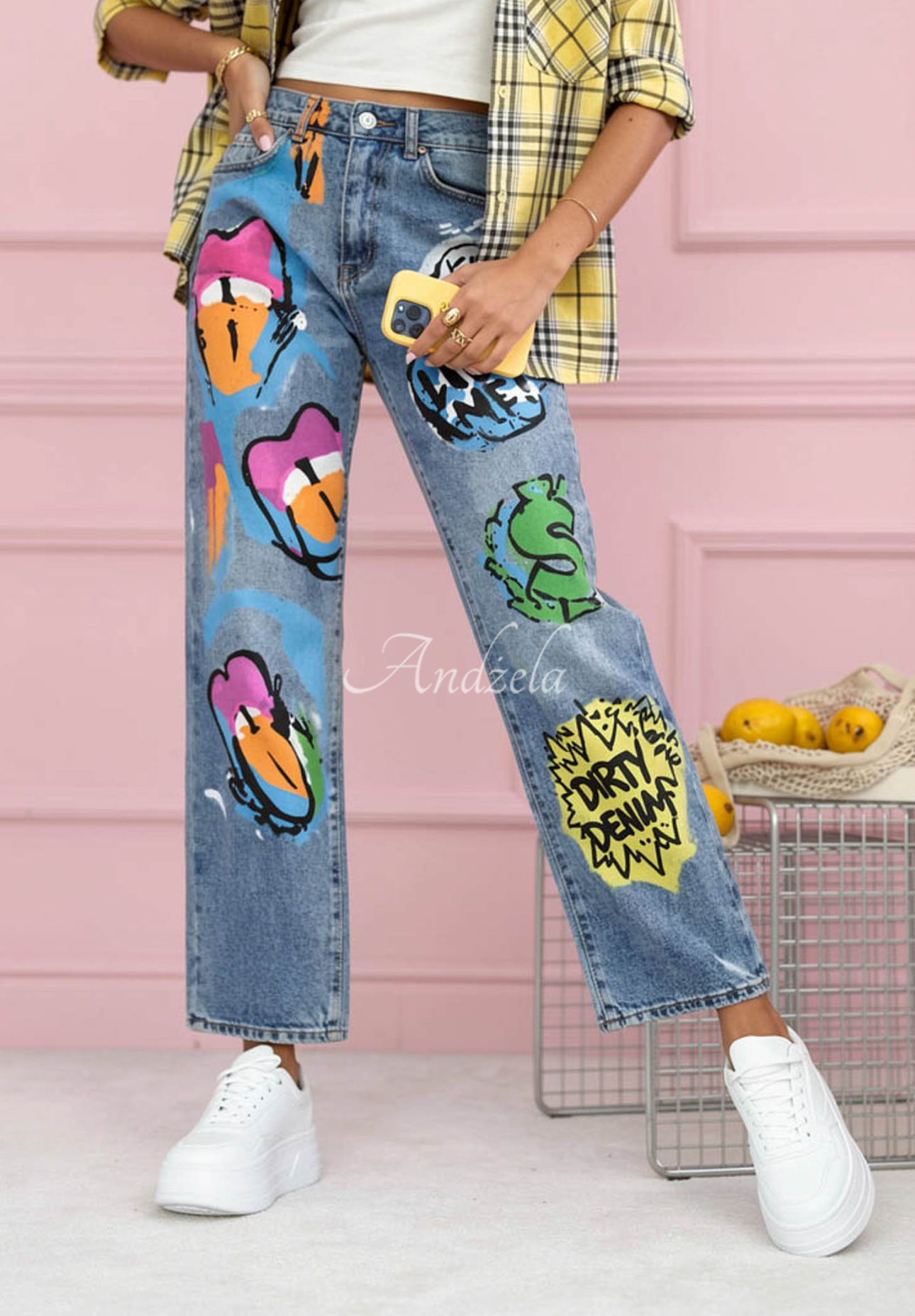 Džíny straight s potisky Kiss Off modré