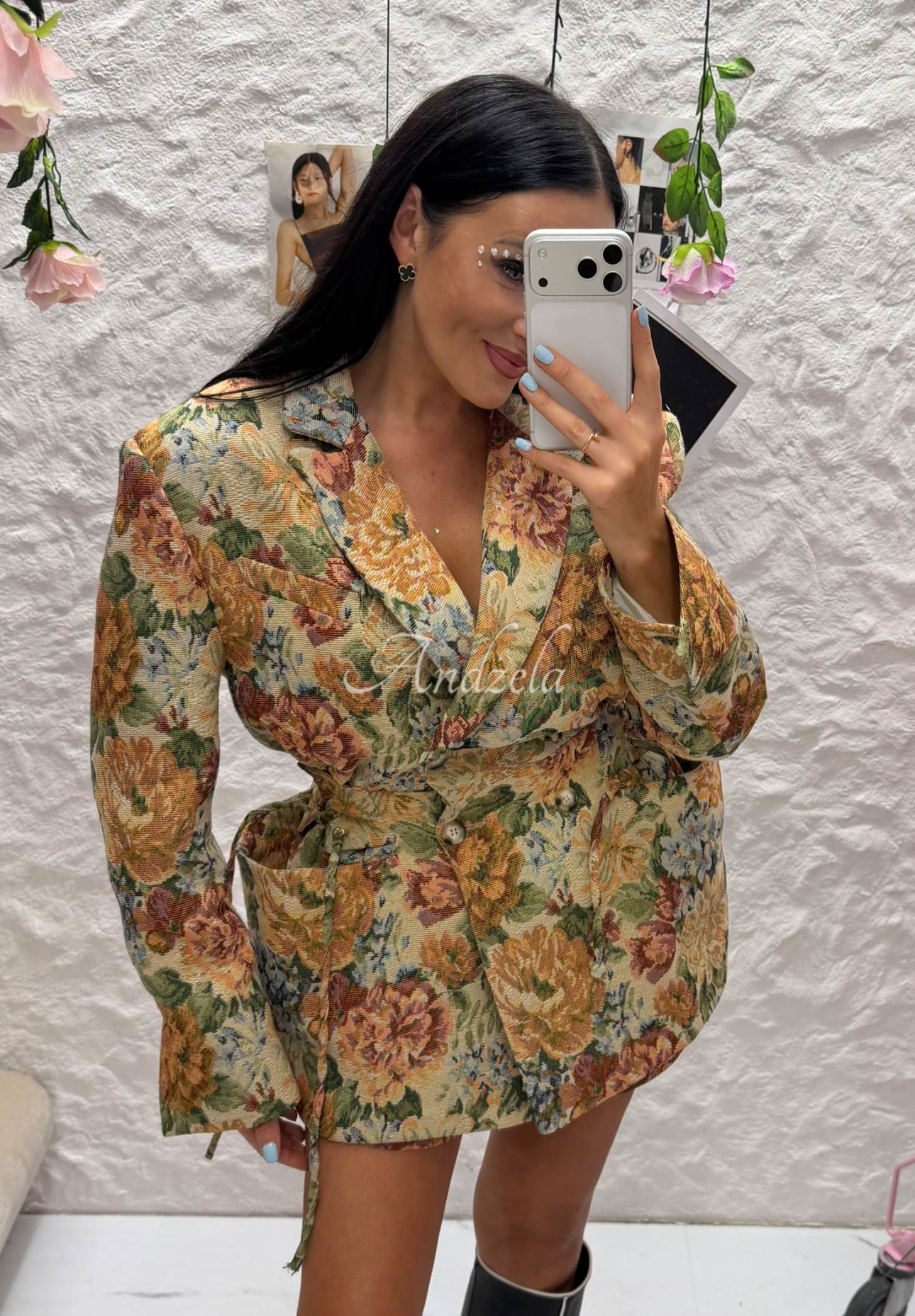 Žakardové dvouřadé bavlněné květinové sako La Milla Kris béžová