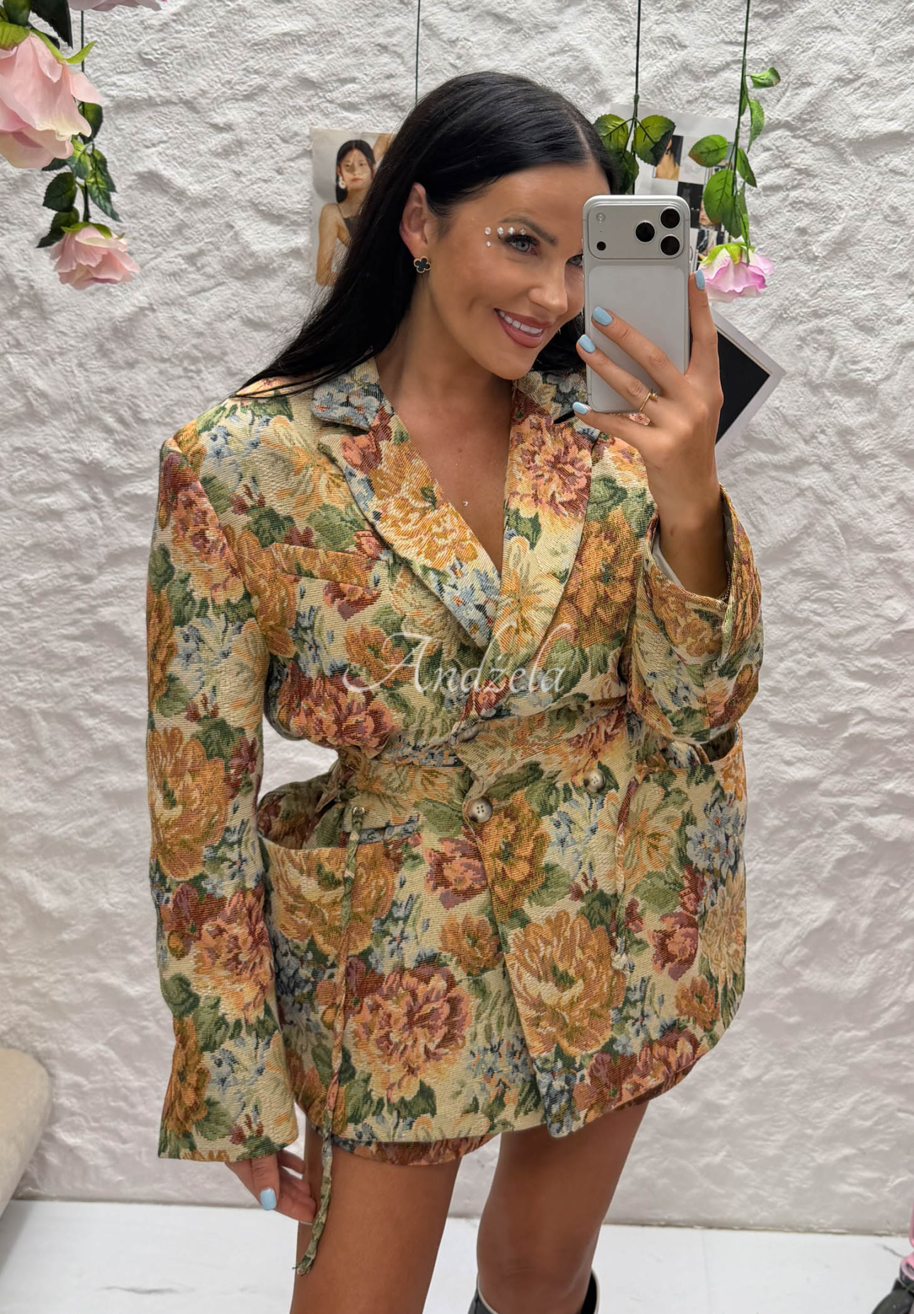 Žakardové dvouřadé bavlněné květinové sako La Milla Kris béžová