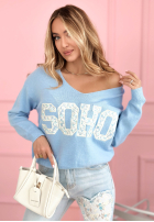 Svetr z dekoltem i napisem Soho pudrová růžová