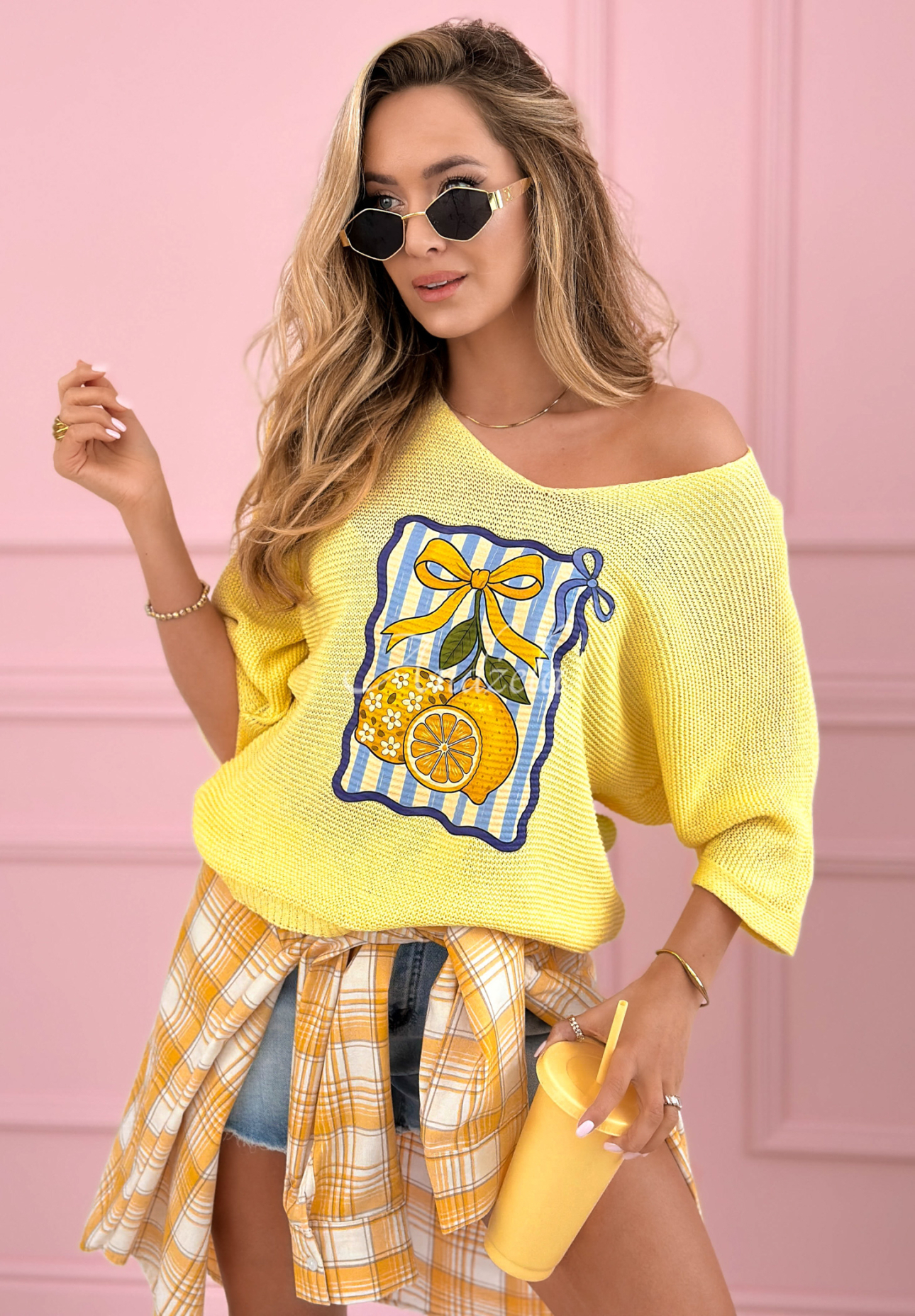 Lehký bavlněný svetr s potiskem Lemon Bow žlutá