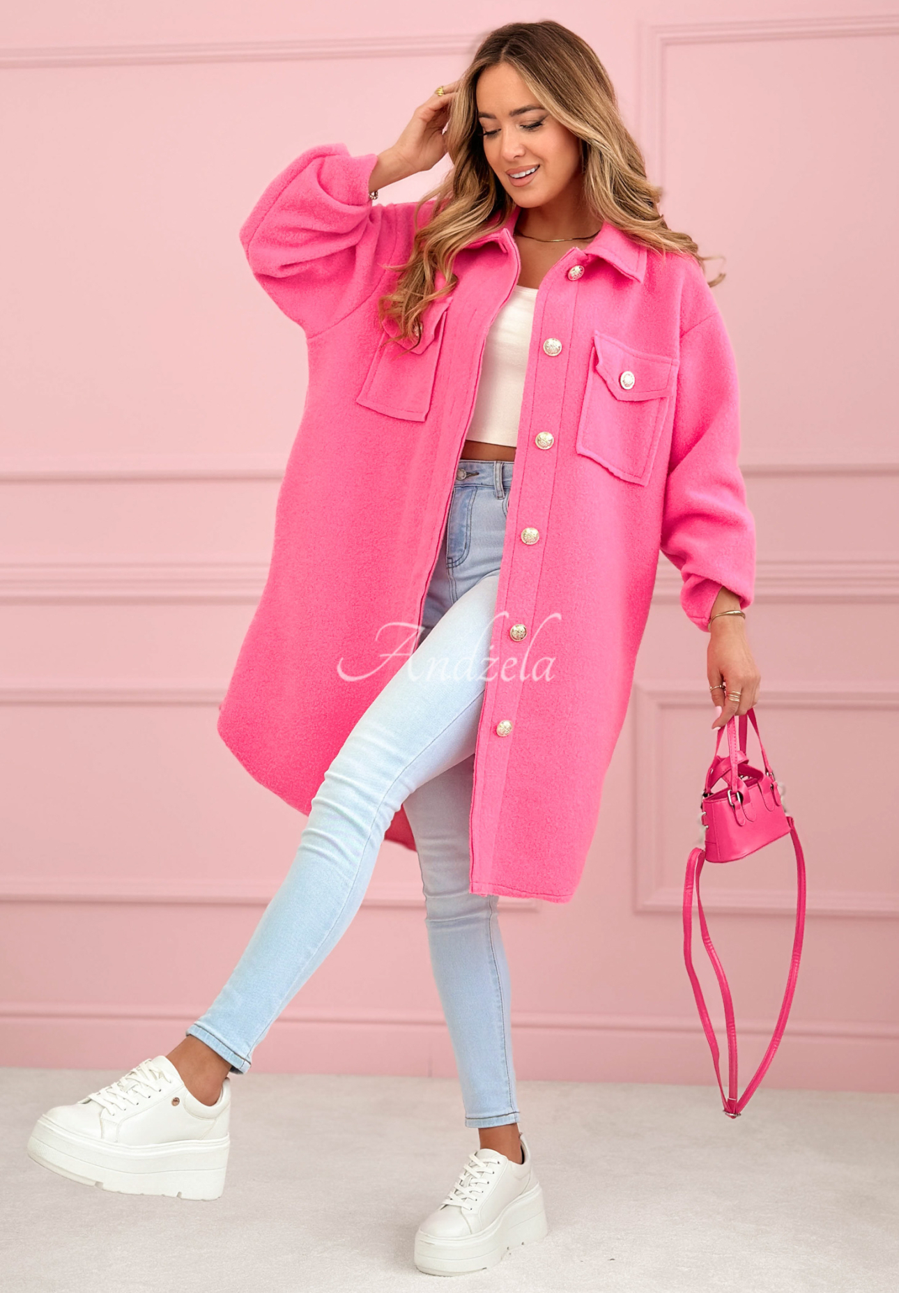 Viskózový kabát s kapsami Kaori fuchsiový