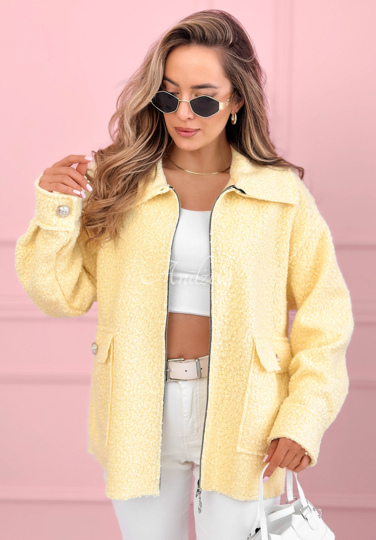 Krátká kožíšková bunda sherpa s vlnou a viskózou Azalea žlutá