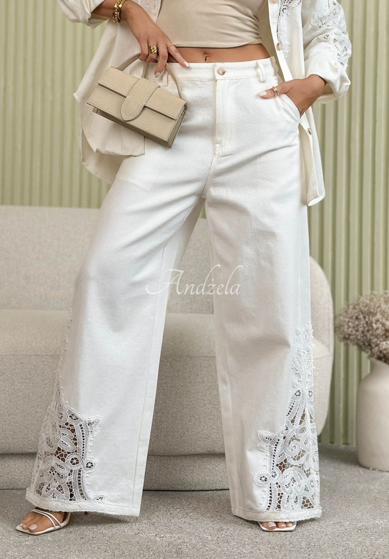 Kalhoty wide leg s krajkou Eleanor ecru