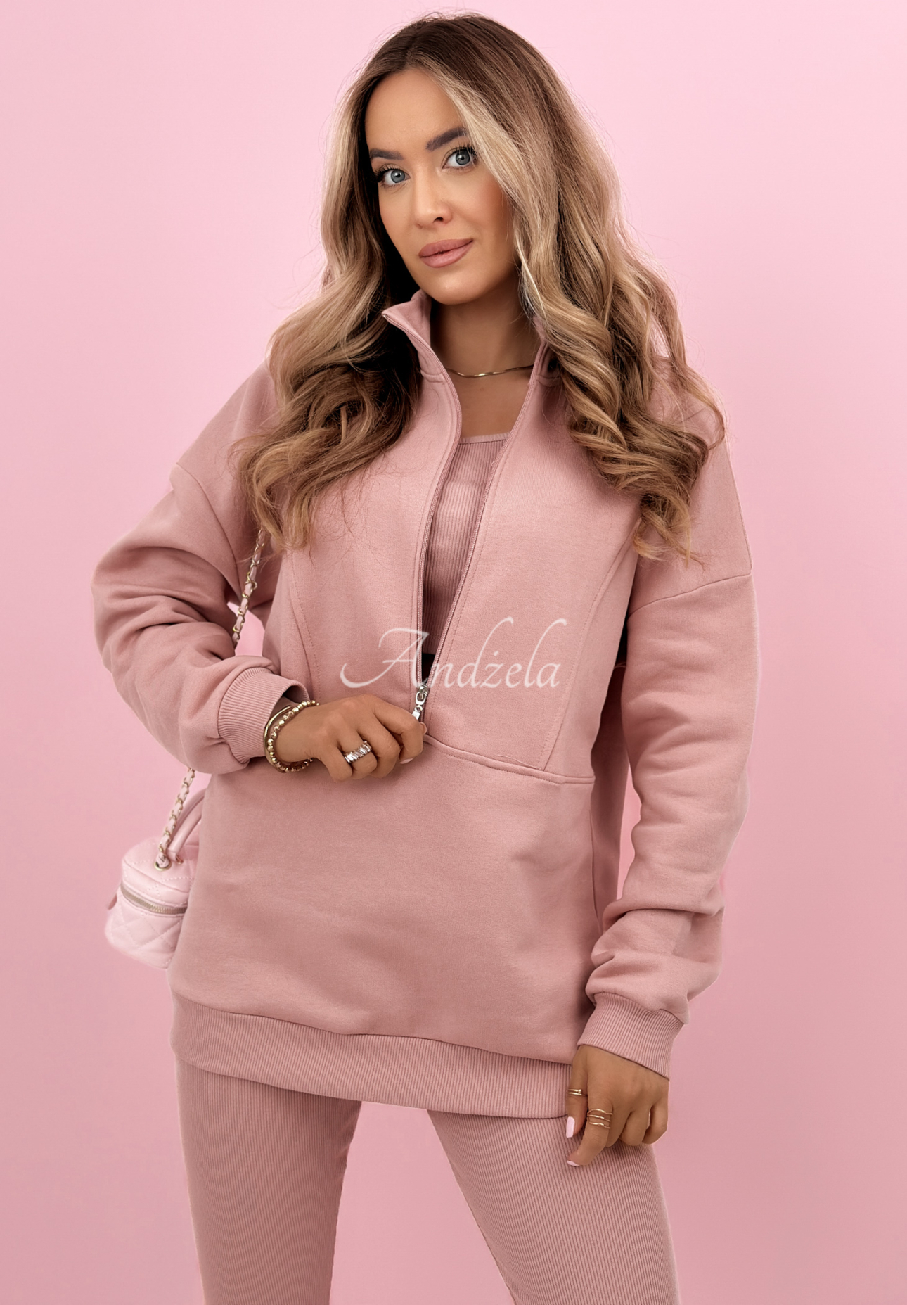 Bavlněná souprava mikina, legíny, top 3v1 Look At Me pudrová růžová