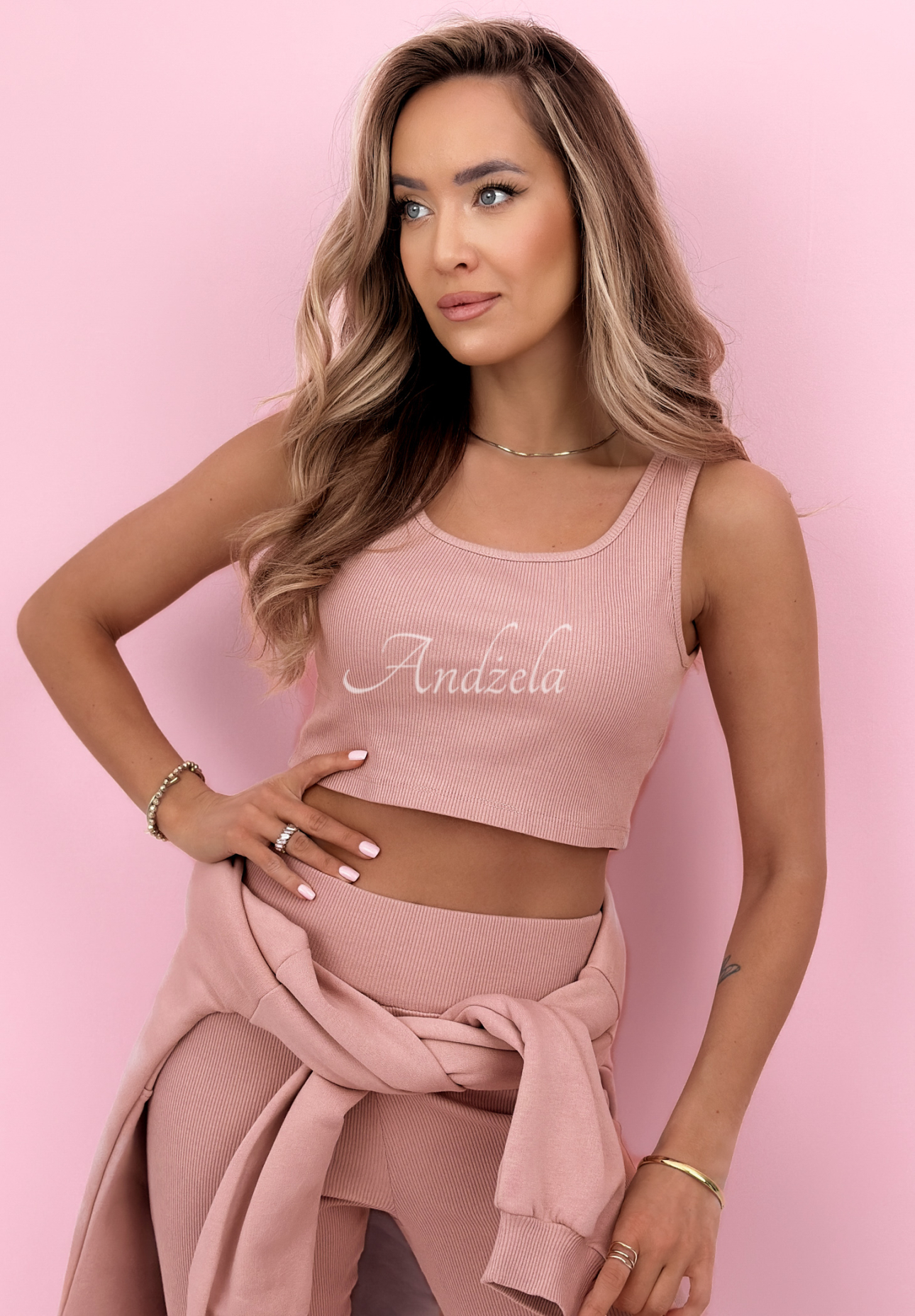 Bavlněná souprava mikina, legíny, top 3v1 Look At Me pudrová růžová