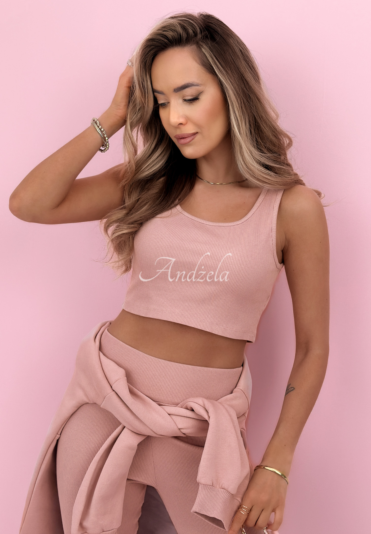 Bavlněná souprava mikina, legíny, top 3v1 Look At Me pudrová růžová