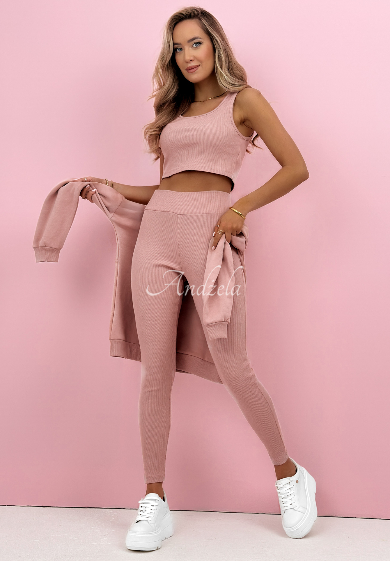 Bavlněná souprava mikina, legíny, top 3v1 Look At Me pudrová růžová