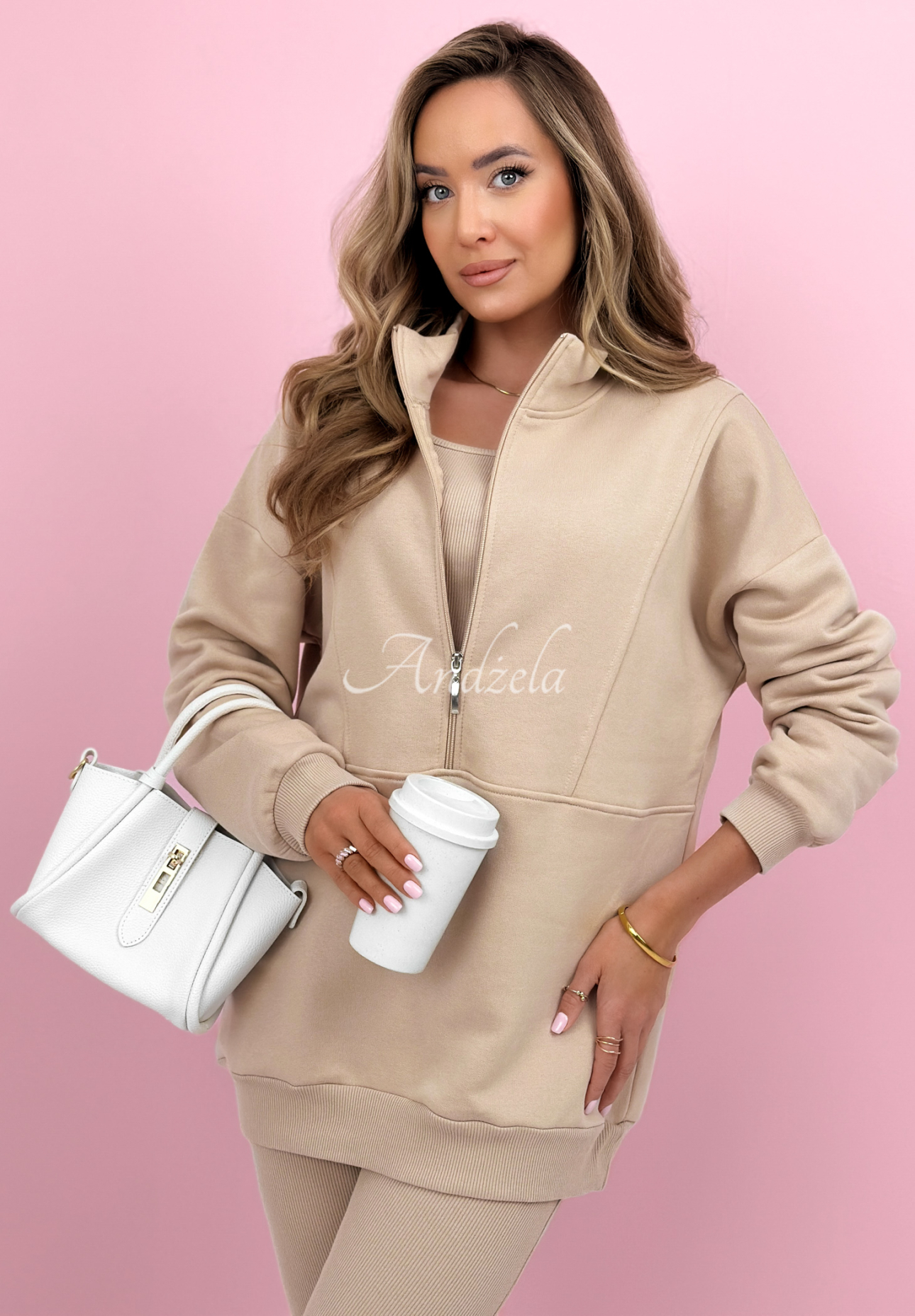 Bavlněná souprava mikina, legíny, top 3v1 Look At Me béžový