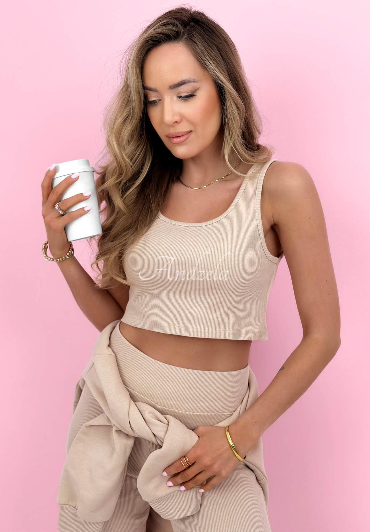 Bavlněná souprava mikina, legíny, top 3v1 Look At Me béžový