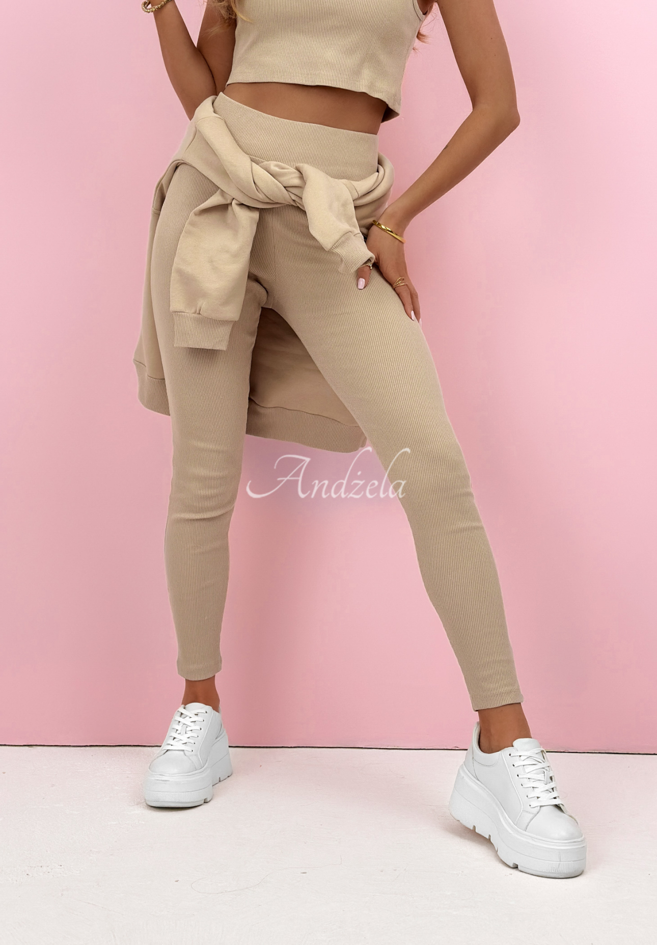 Bavlněná souprava mikina, legíny, top 3v1 Look At Me béžový