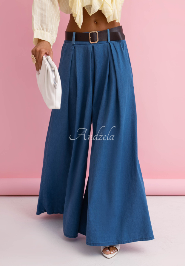 Bavlněn&eacute; kalhoty wide leg s p&aacute;skem Amelia tmavě modr&eacute;