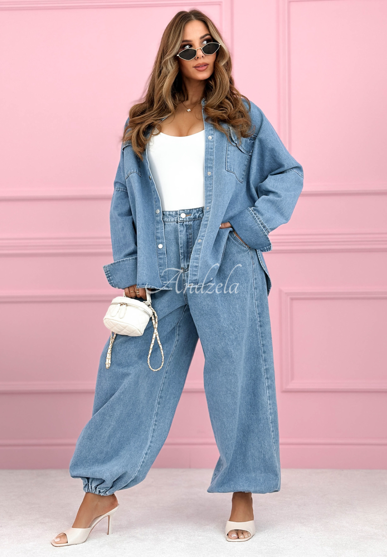 Džínová souprava košile a balónové kalhoty Emmeline světle modrý