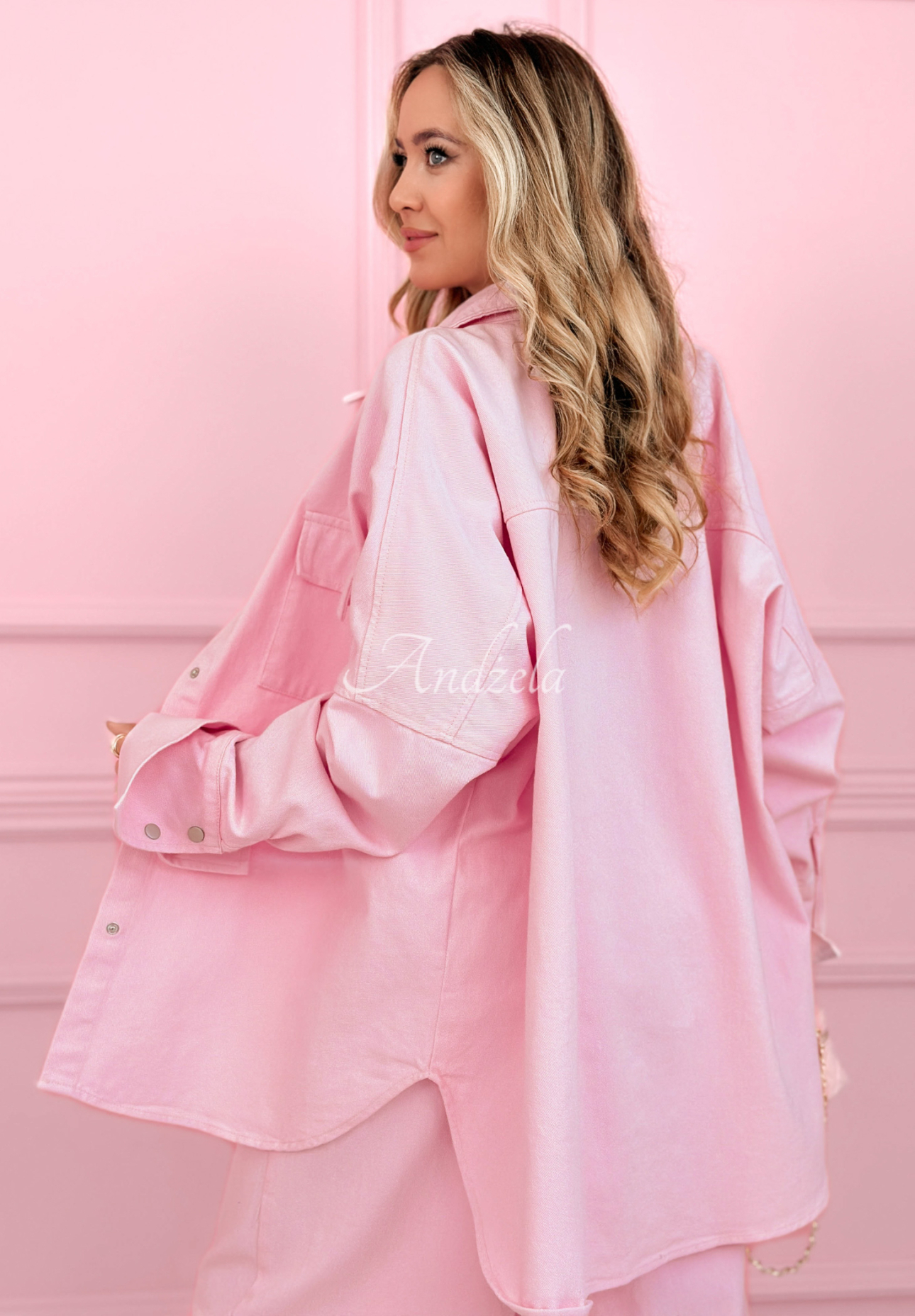 Džínová souprava košile a balónové kalhoty Emmeline pudrová růžová