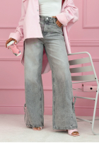 Kalhoty džínové  wide leg z kokardkami Aracello jasnoszare