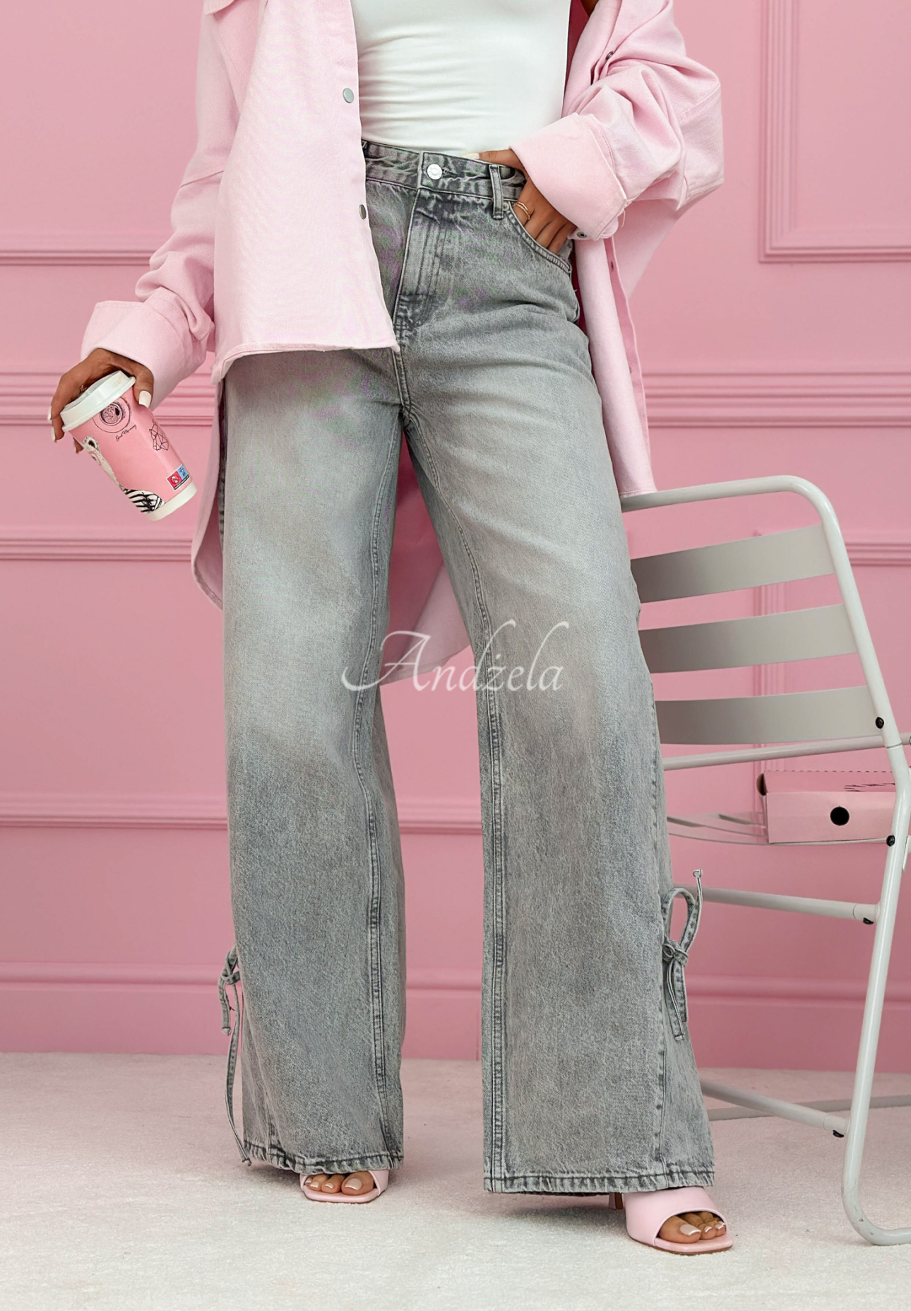 Džíny wide leg s mašličkami Aracello světle modré