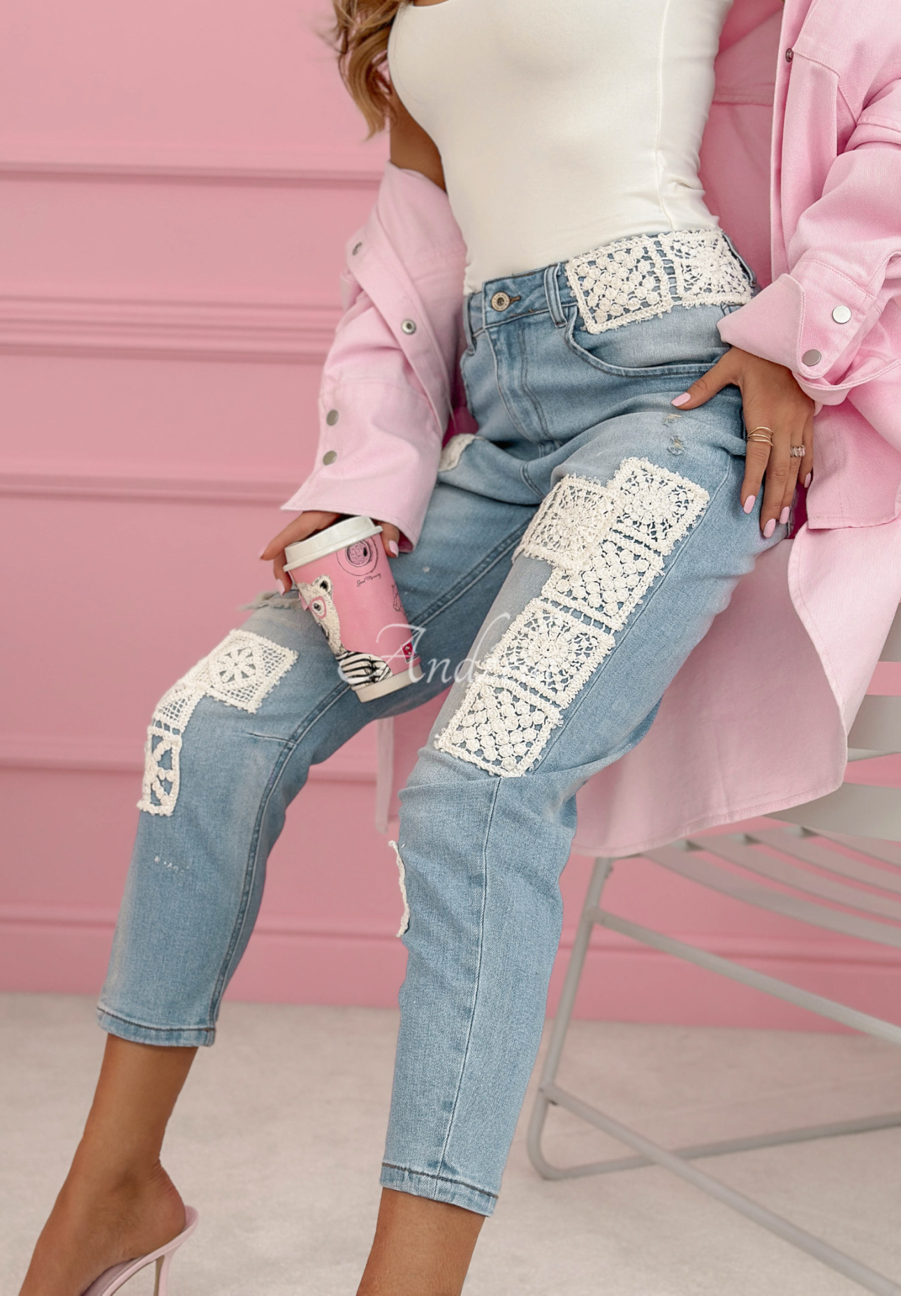 Skinny džíny s krajkovými nášivkami Funny Times světle modré