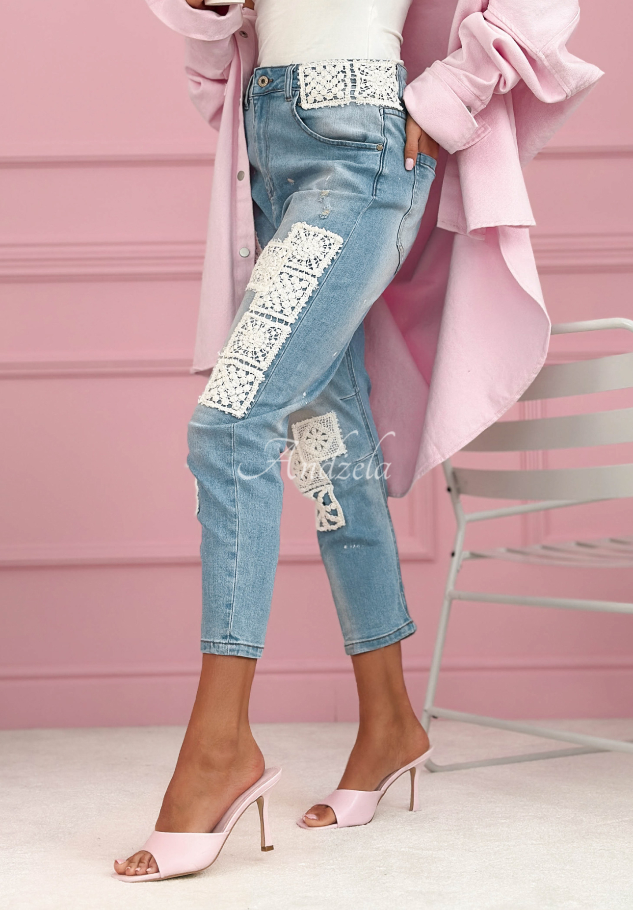 Skinny džíny s krajkovými nášivkami Funny Times světle modré