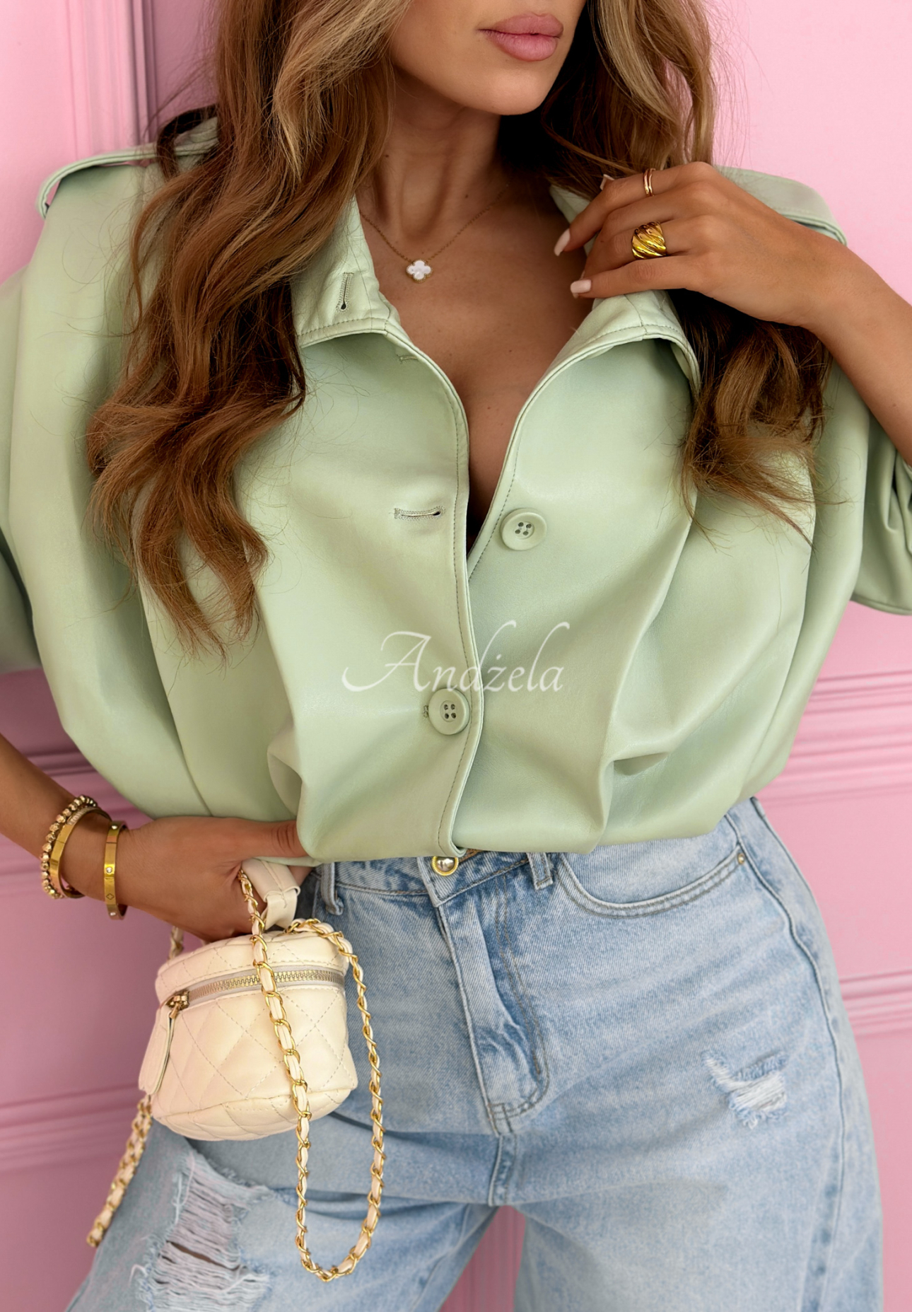 Krátká kožená bunda s límcem Valleria pistáciová