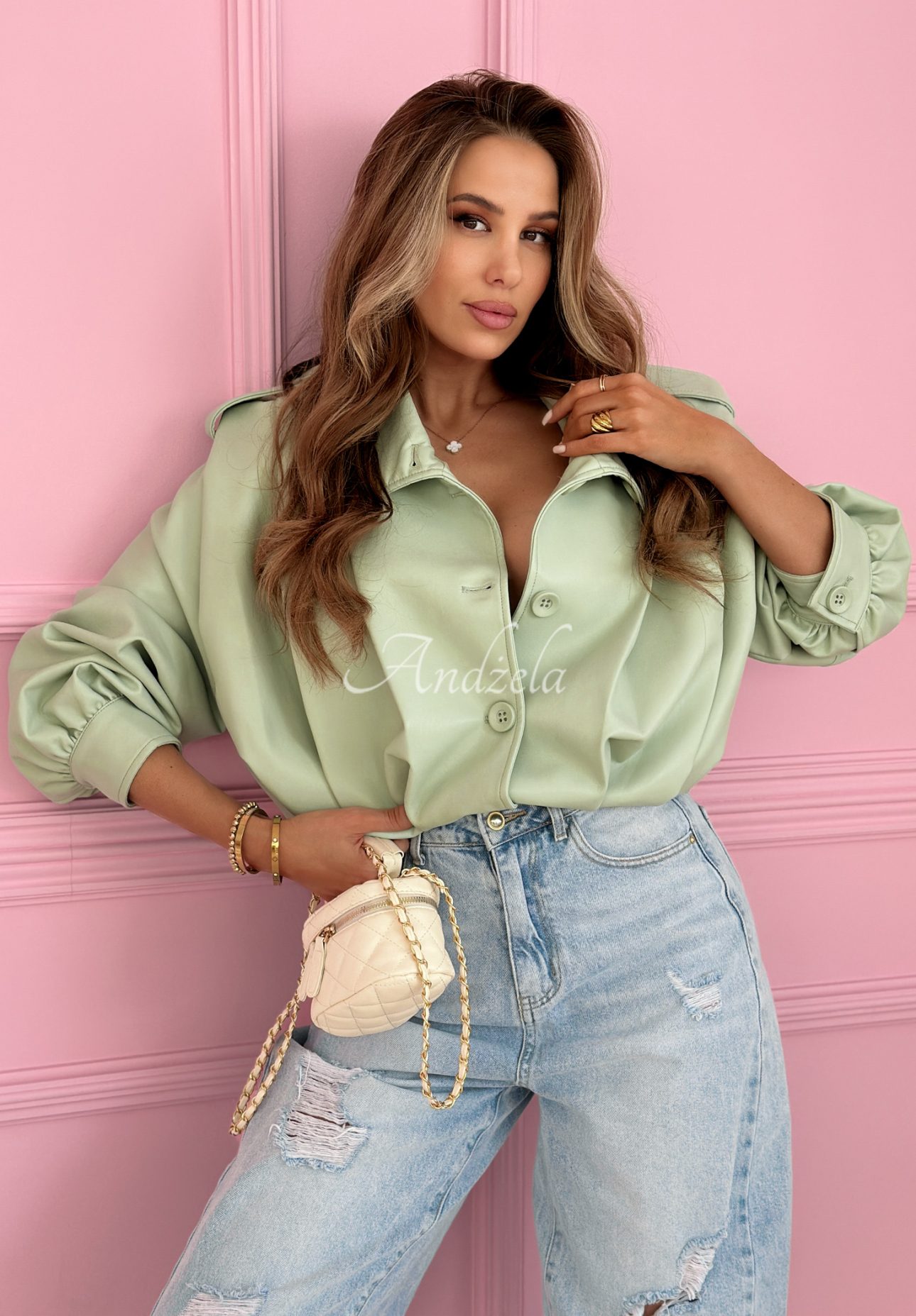 Krátká kožená bunda s límcem Valleria pistáciová