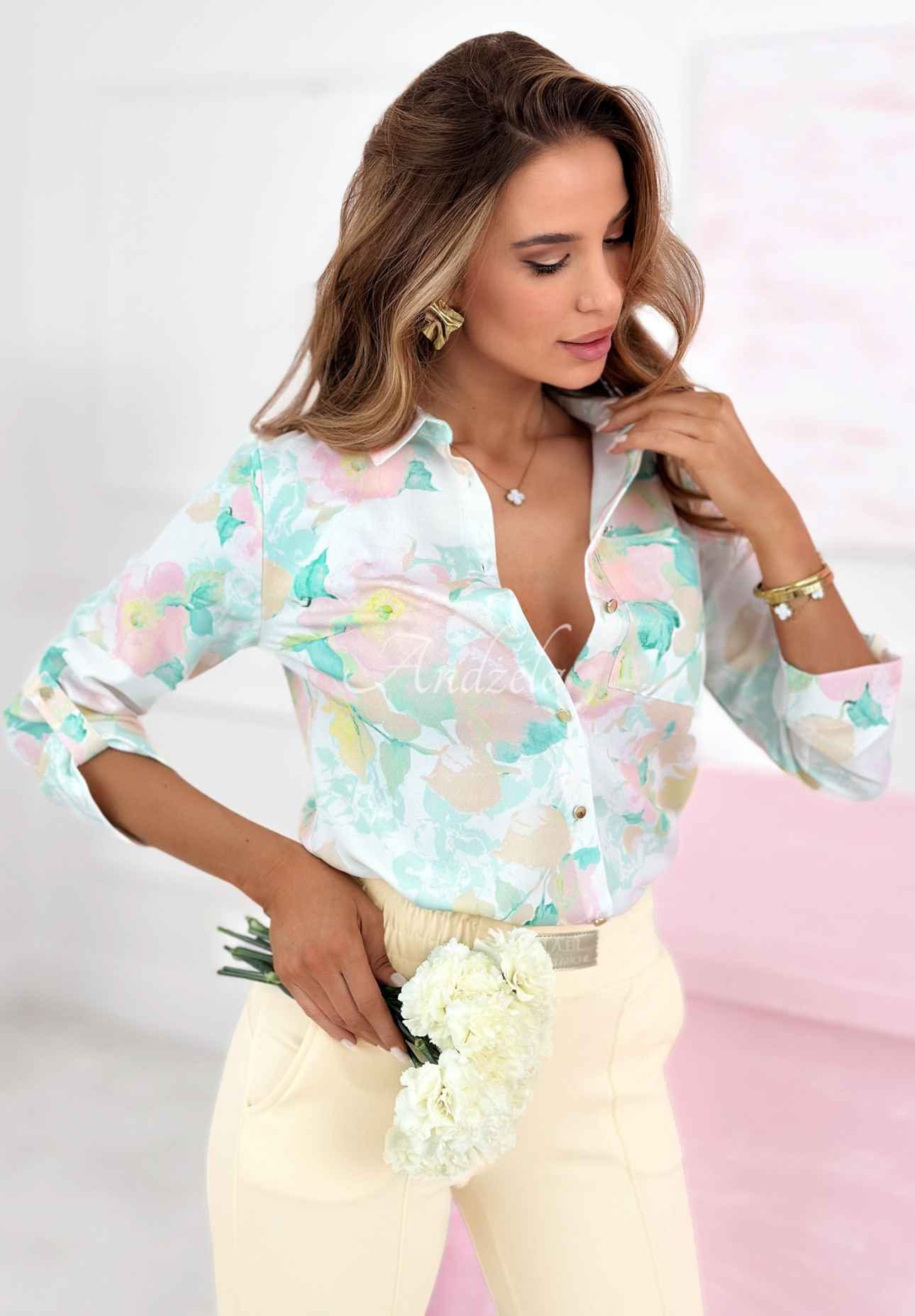 Vzorovaná viskózová košile Lillian zeleno-žlutá