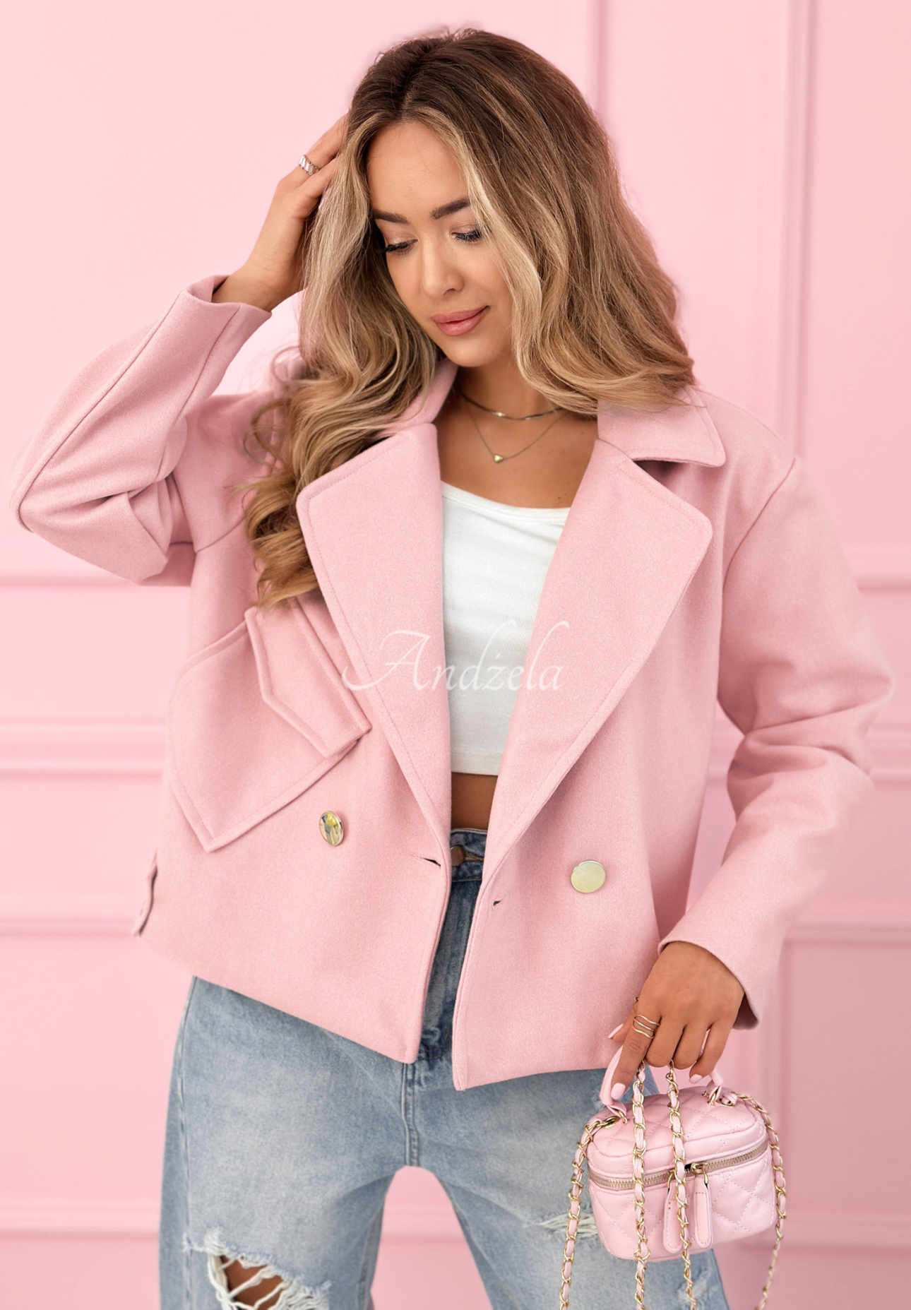 Krátký vlněný kabát Sylvie pudrová růžová