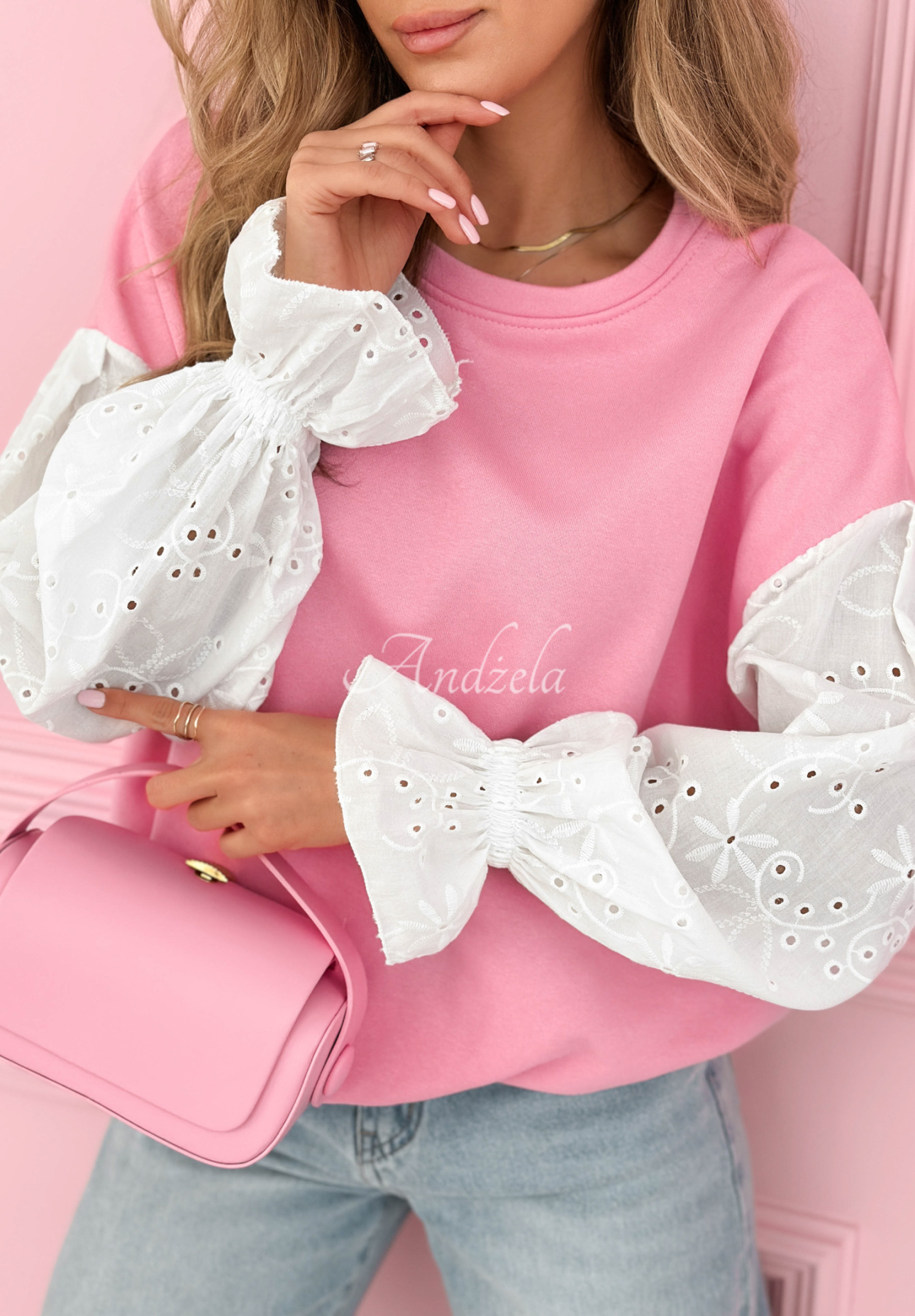 Bavlněná mikina s аžurovými rukávy Leonora růžová