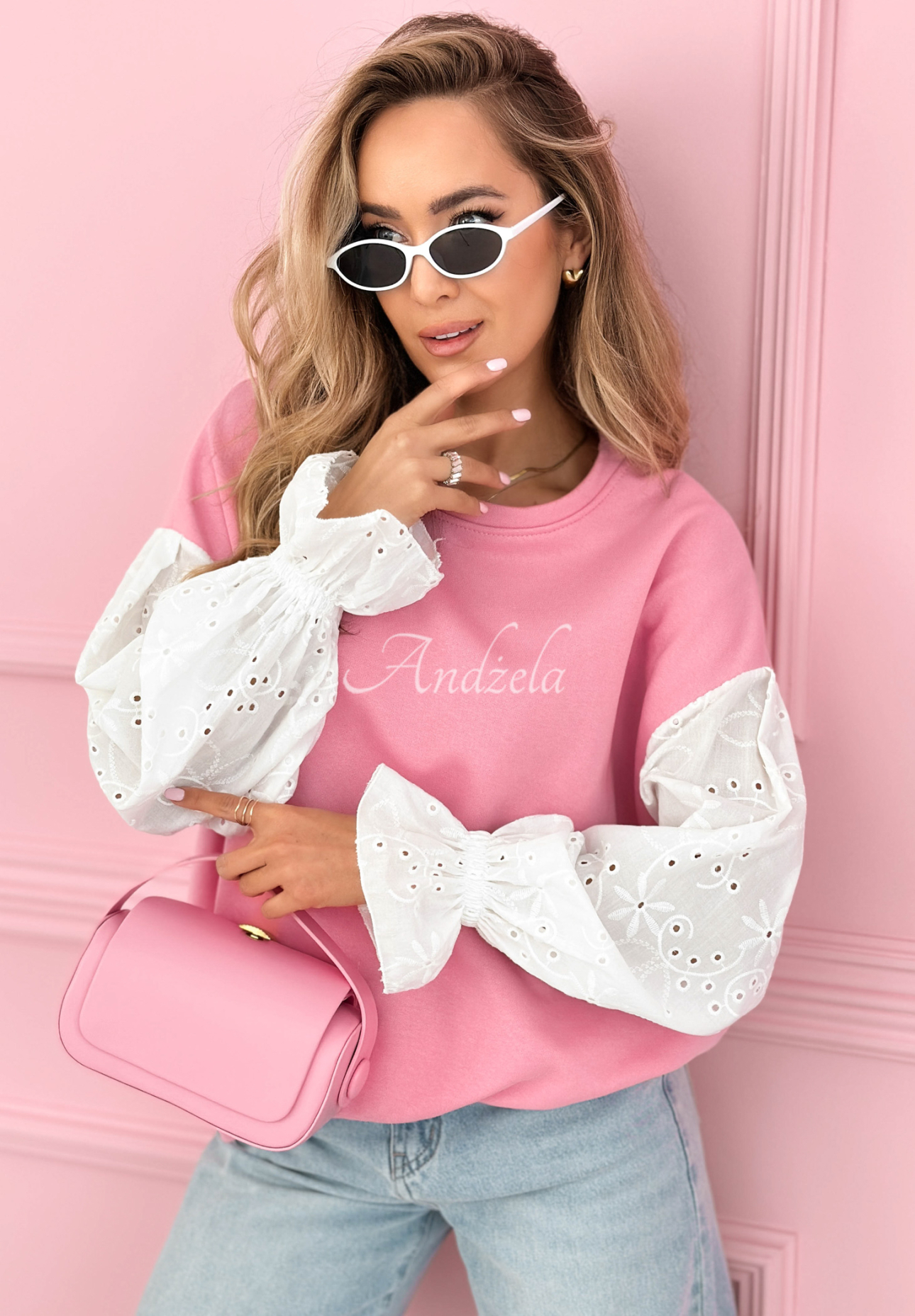 Bavlněná mikina s аžurovými rukávy Leonora růžová