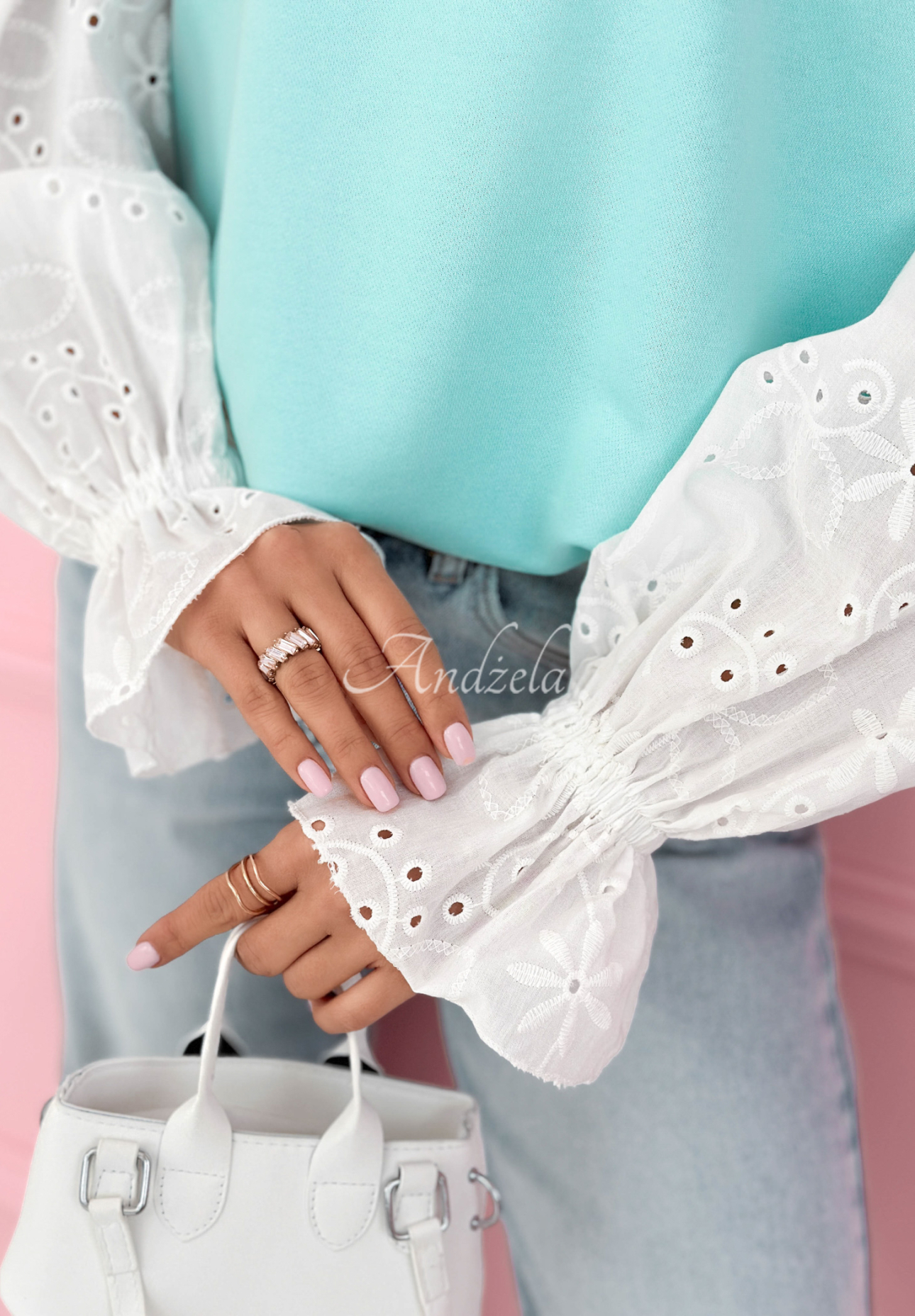 Bavlněná mikina s аžurovými rukávy Leonora tyrkysová