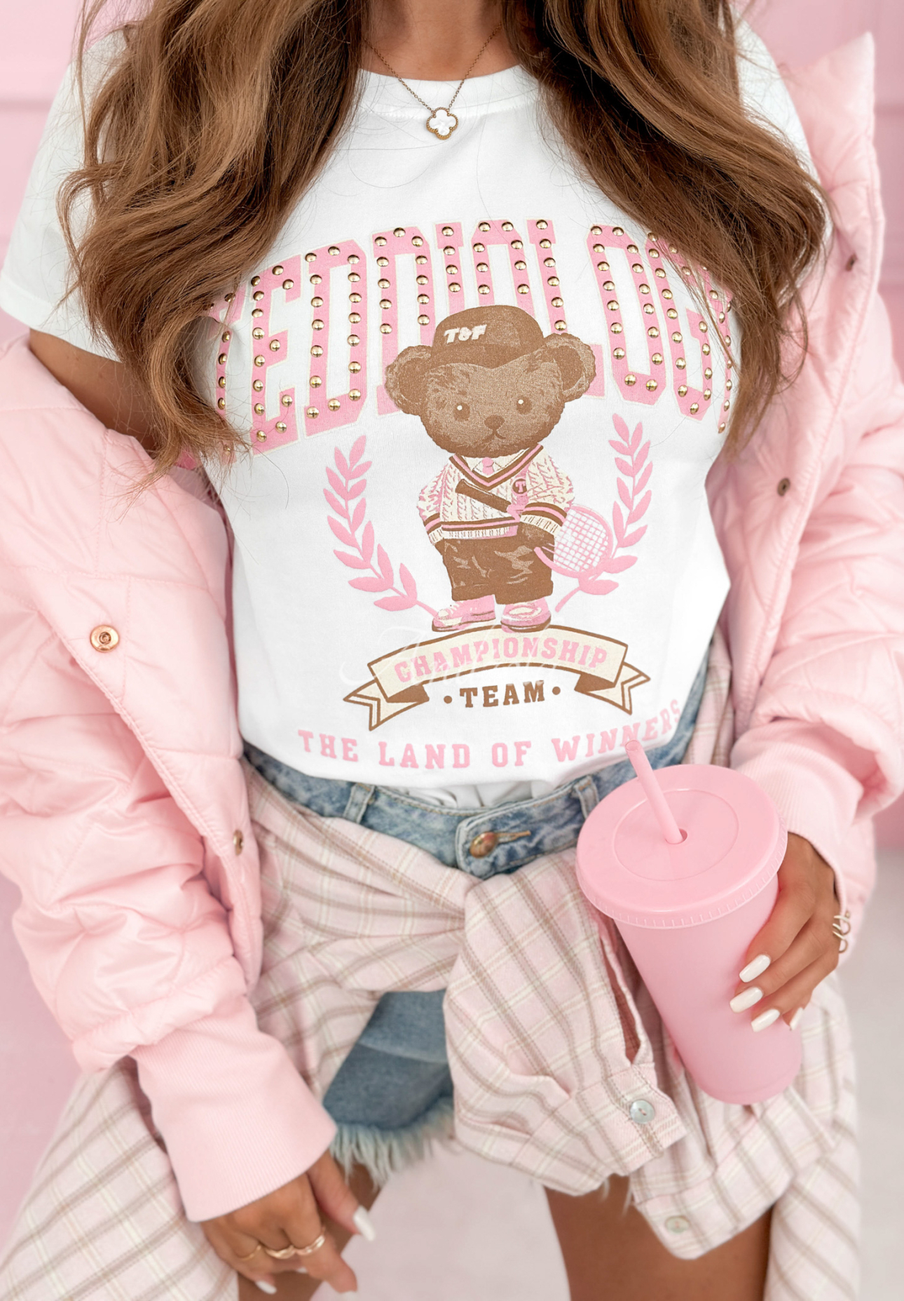 Bavlněné tričko s potiskem Teddiology bílo-růžový