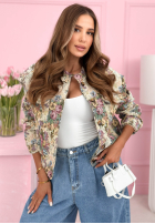 Krátká żakardowa Bunda bomberka w kwiaty Despite The Rain béžová