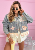 Krátká džínová Bunda z kolorowymi haftami Solenne světle modrá