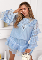 Zwiewny Souprava Košile i Sukně z falbankami Blooming Season blankytný