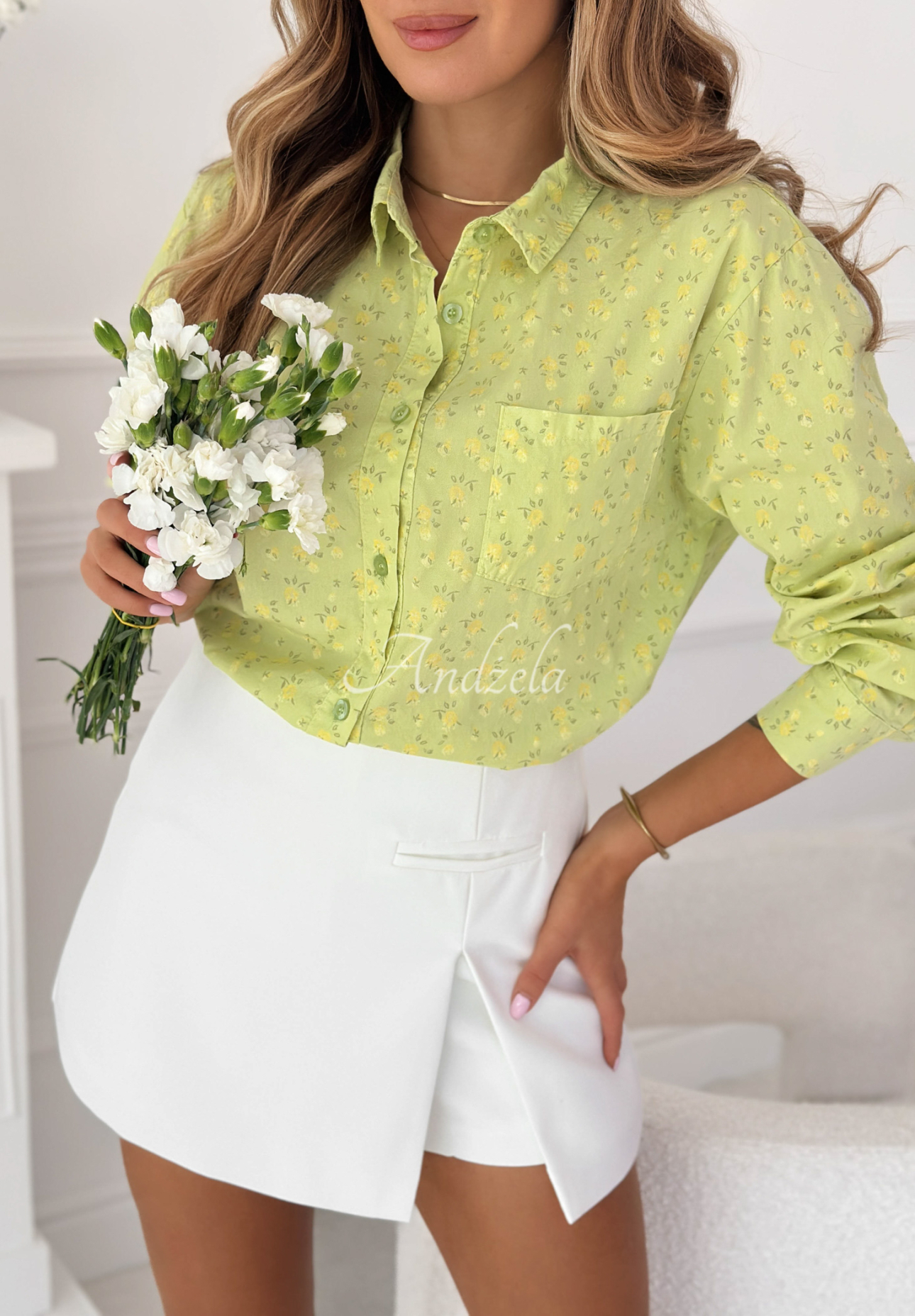 Bavlněná květovaná košile Marbella pistáciová