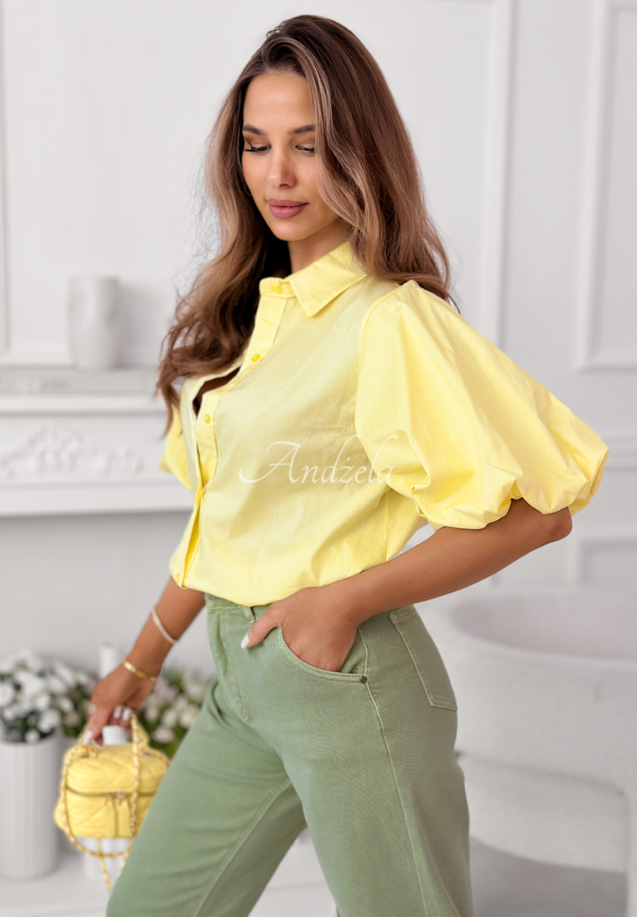 Bavlněná košile s nabíranými rukávy Jane žlutá