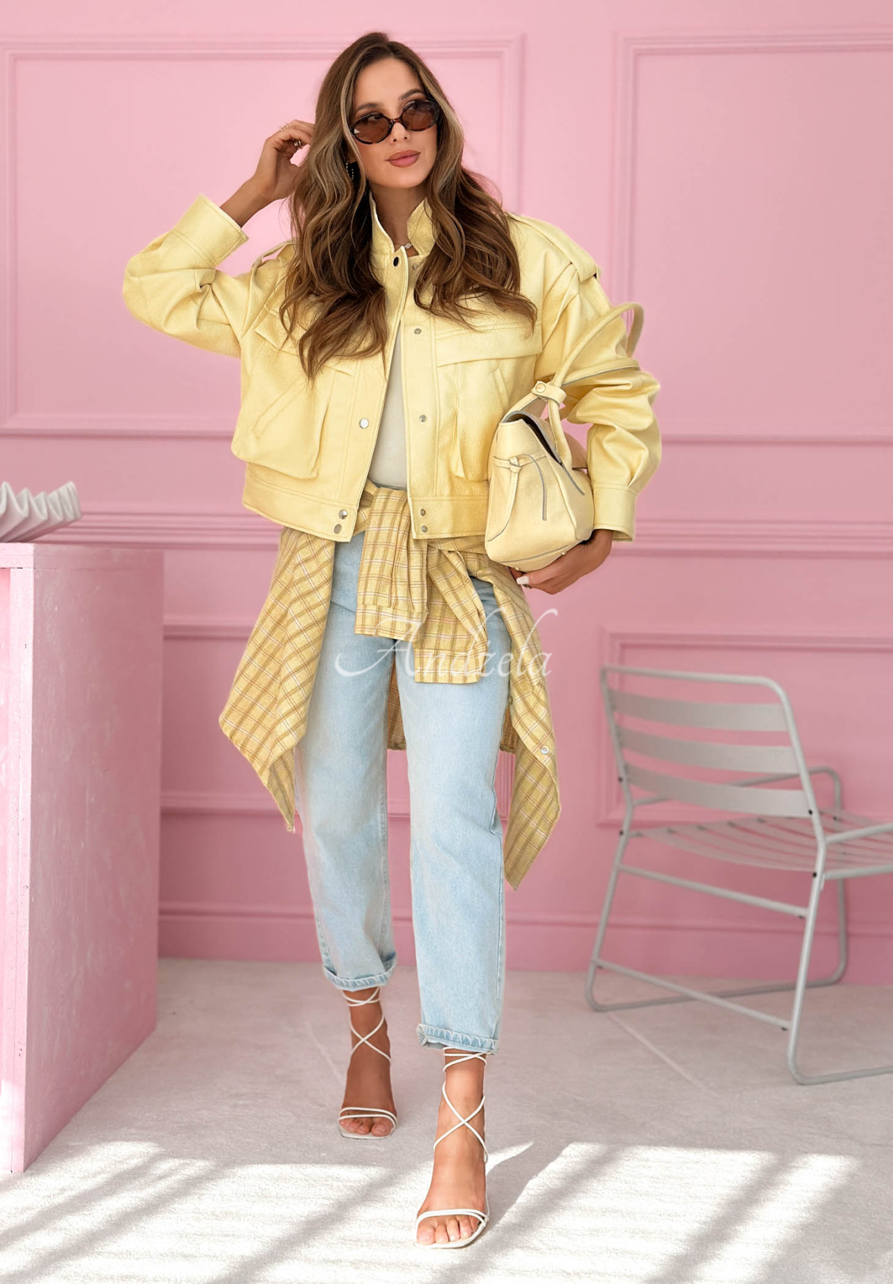 Krátká kožená bunda s límečkem Jolie žlutá