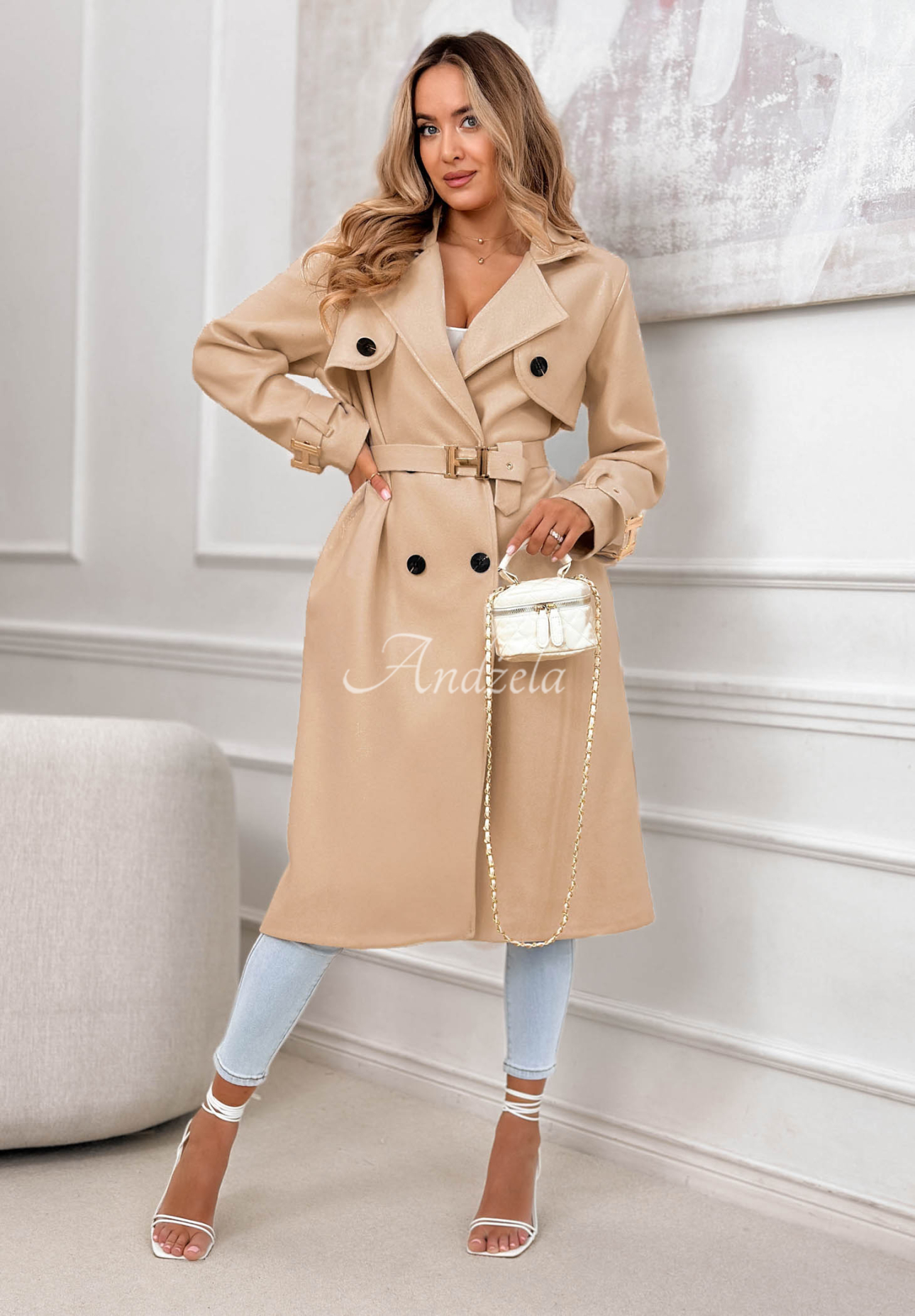 Dlouhý dvouřadý kabát s páskem Changing Of Seasons tmavě béžový