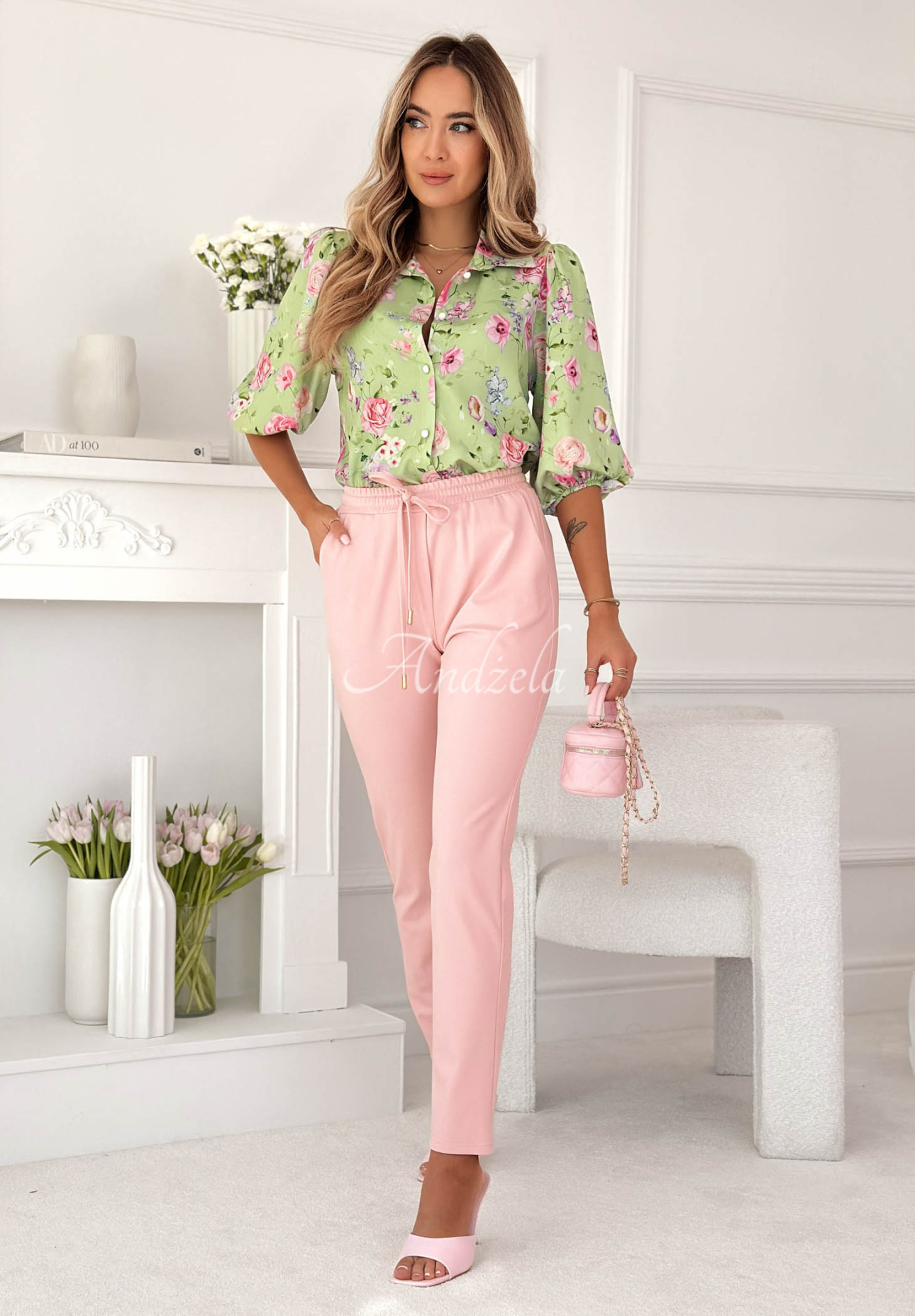 Květovaná košile s nabíranými rukávy z viskózy Dakota pistáciová