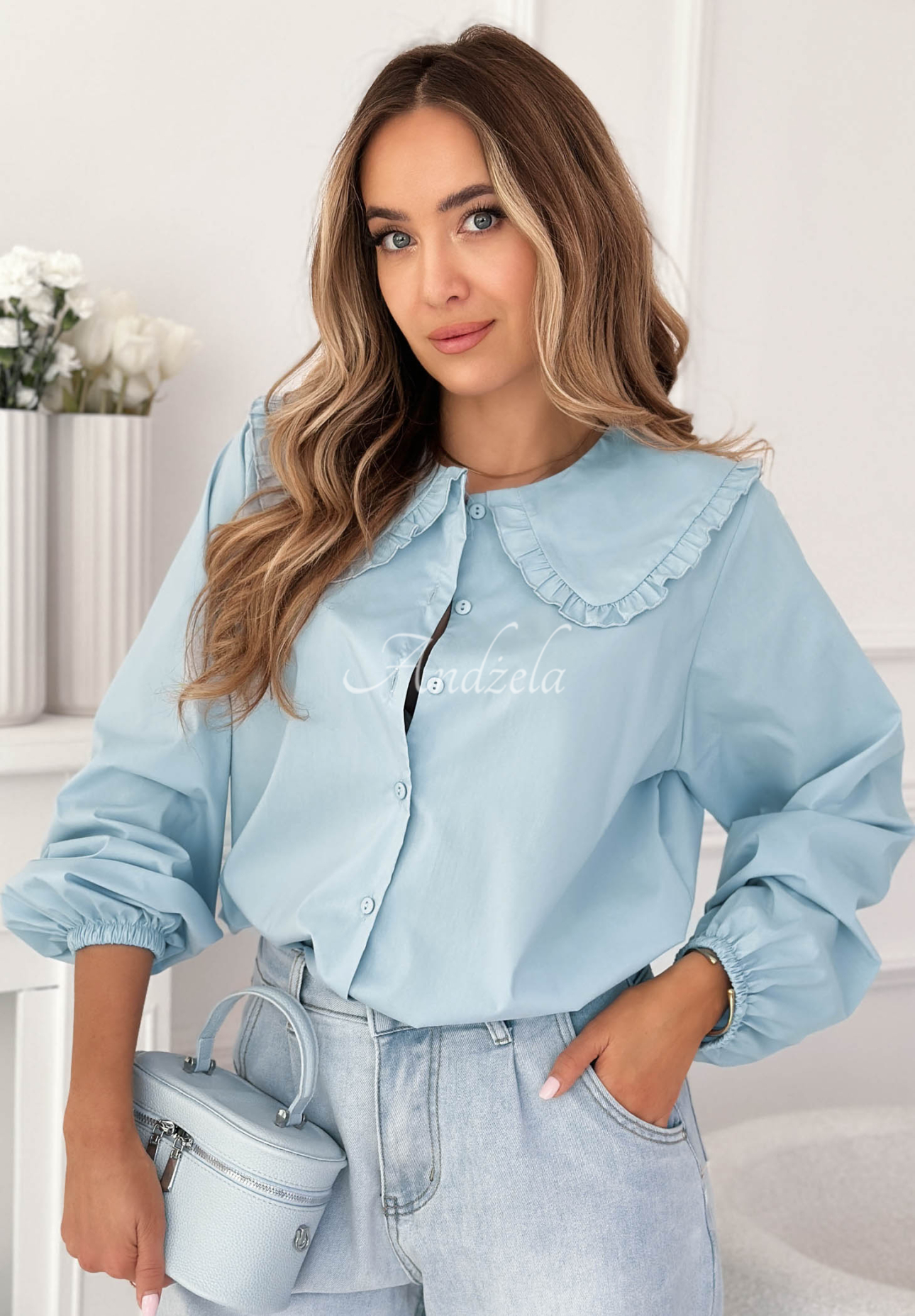 Viskózová košile s ozdobným límcem Martha blankytná