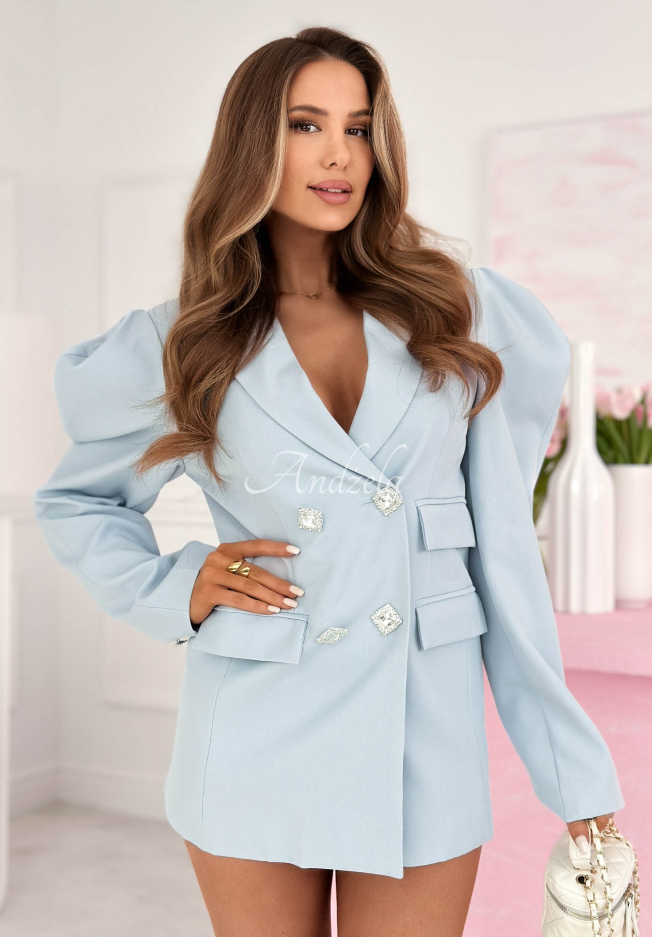 Šaty ve stylu saka s nabíranými rukávy a bavlnou Avenelle blankytná